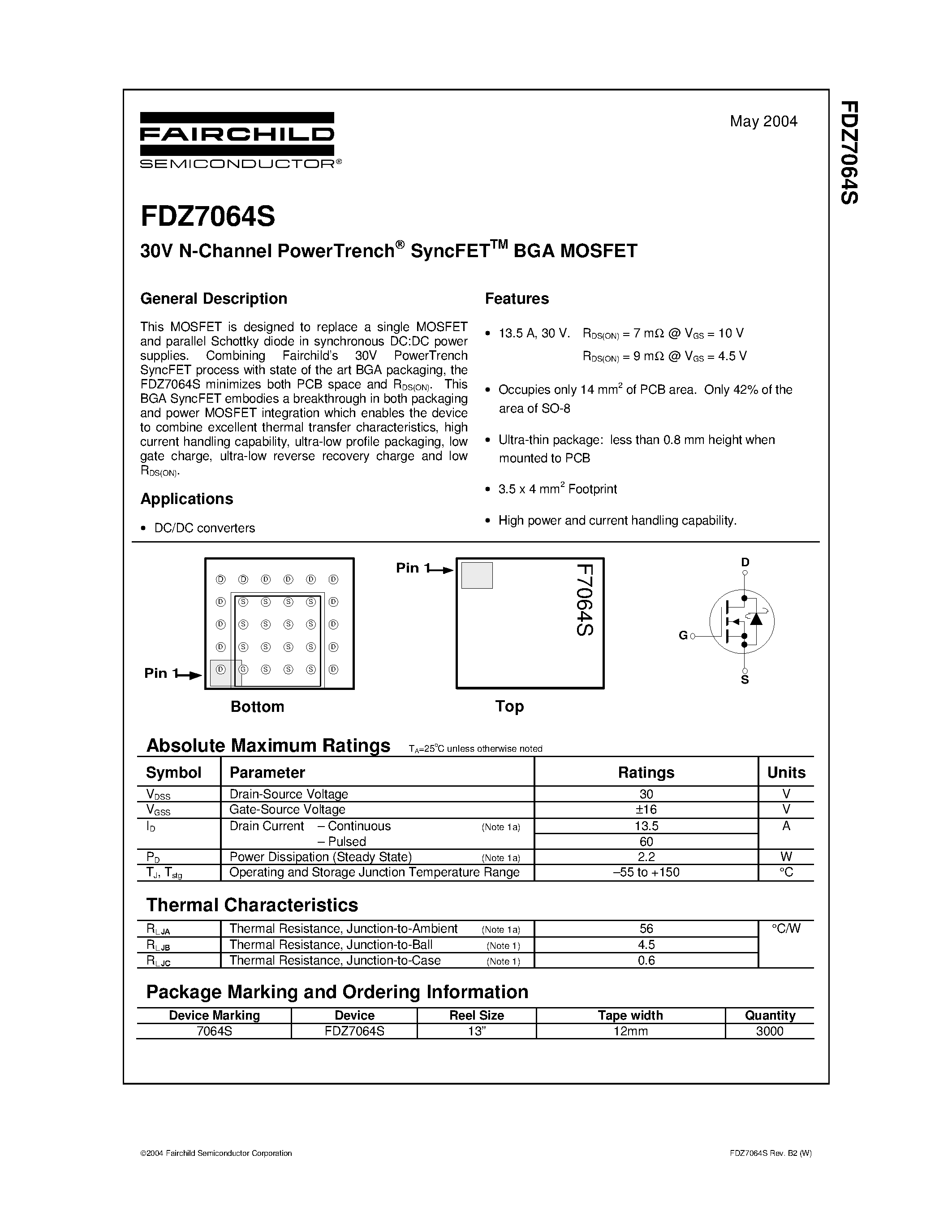 Datasheet FDZ7064S - 30V N-Channel PowerTrench SyncFET BGA MOSFET page 1