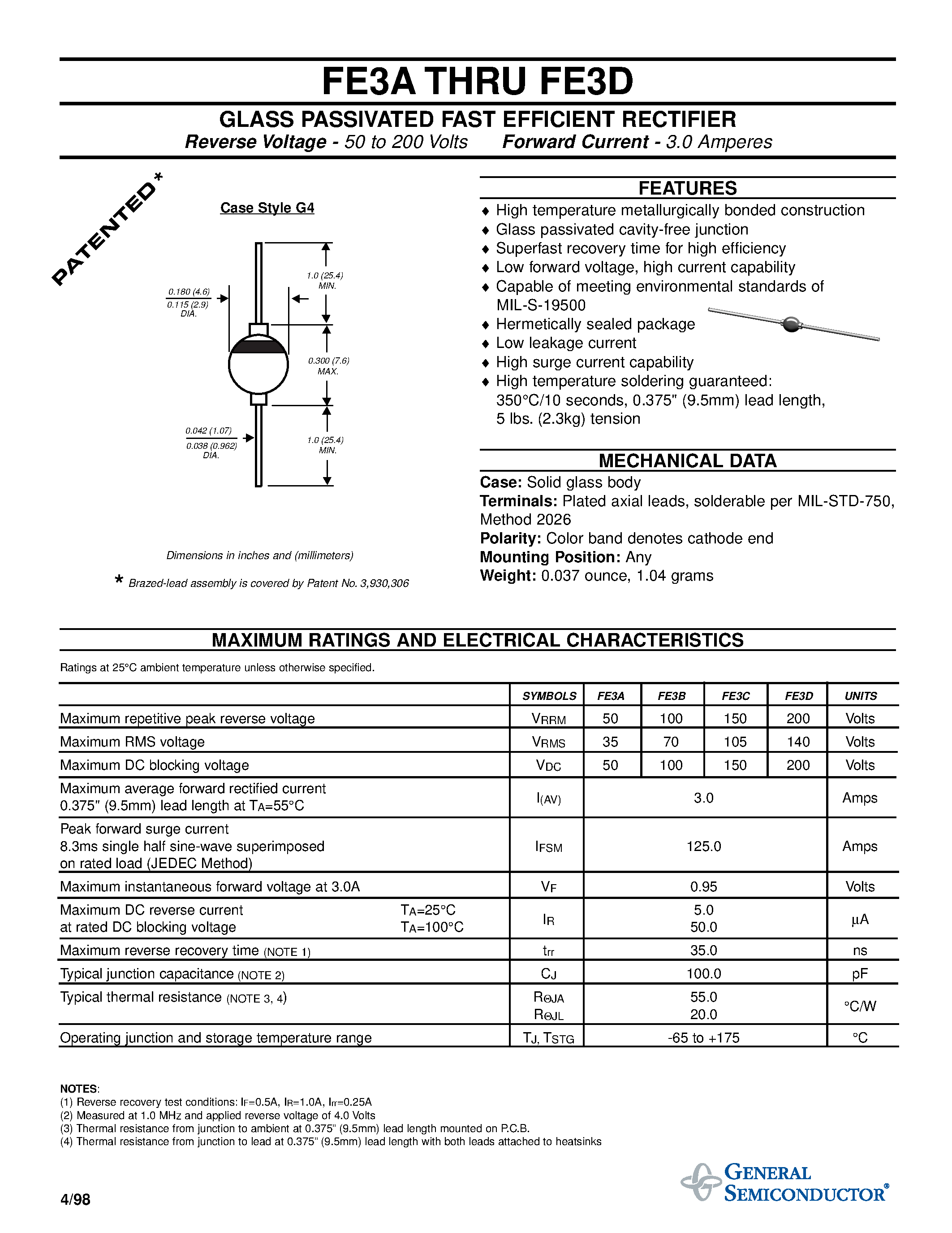 Datasheet FE3B page 1 Datasheet FE3B - GLASS PASSIVATED FAST EFFICIENT RECTIFIER page 1