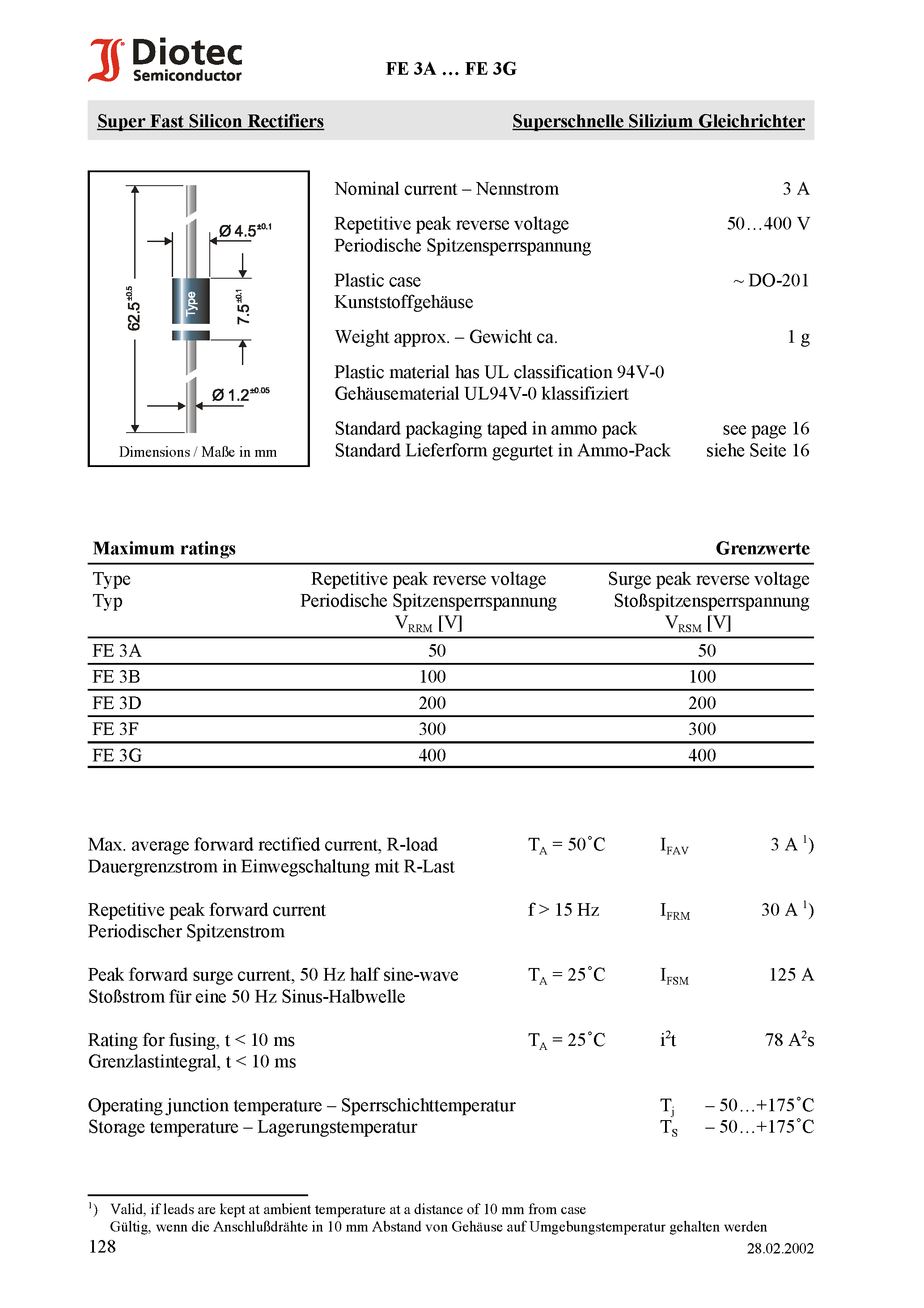 Datasheet FE3D page 1 Datasheet FE3D - Super Fast Silicon Rectifiers page 1
