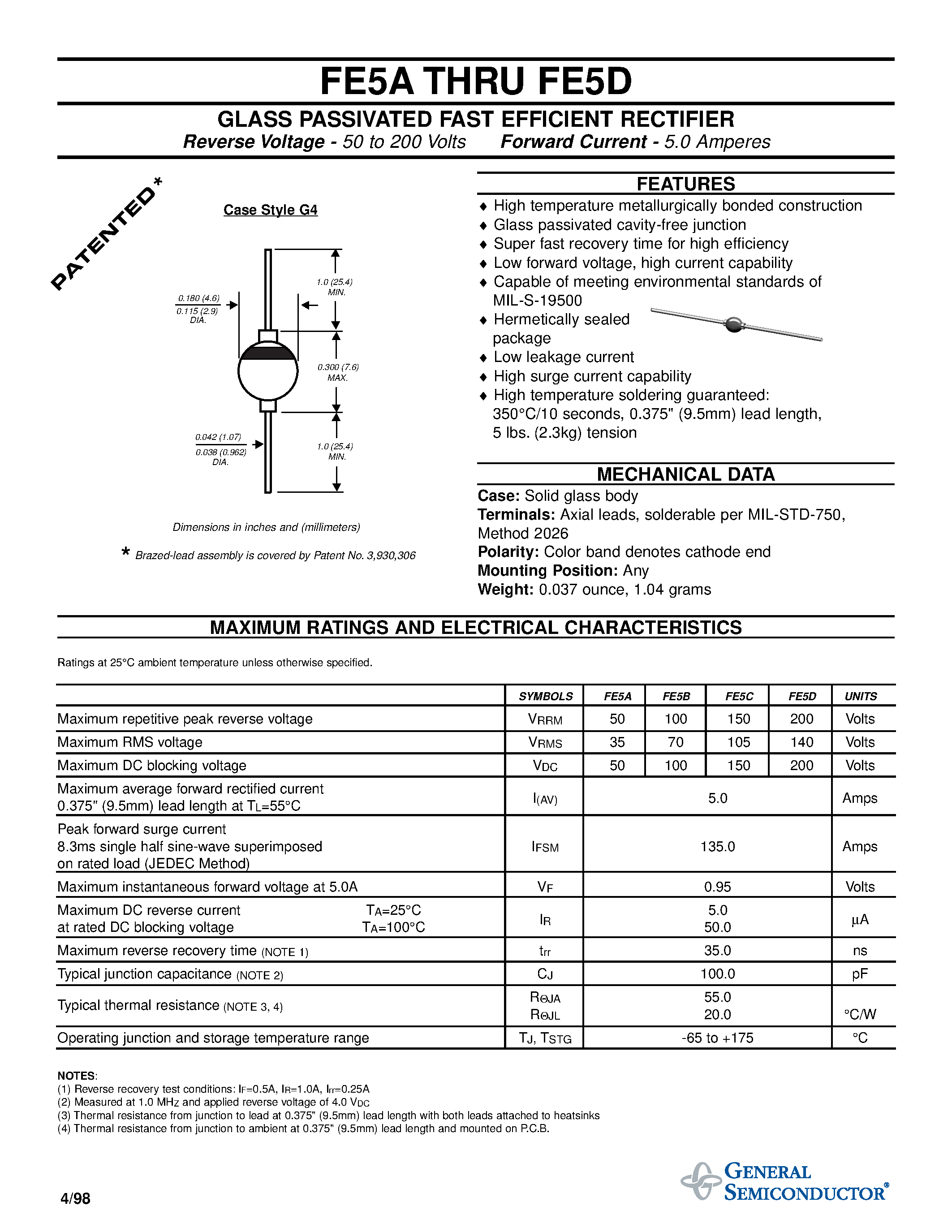 Datasheet FE5D page 1 Datasheet FE5D - GLASS PASSIVATED FAST EFFICIENT RECTIFIER page 1
