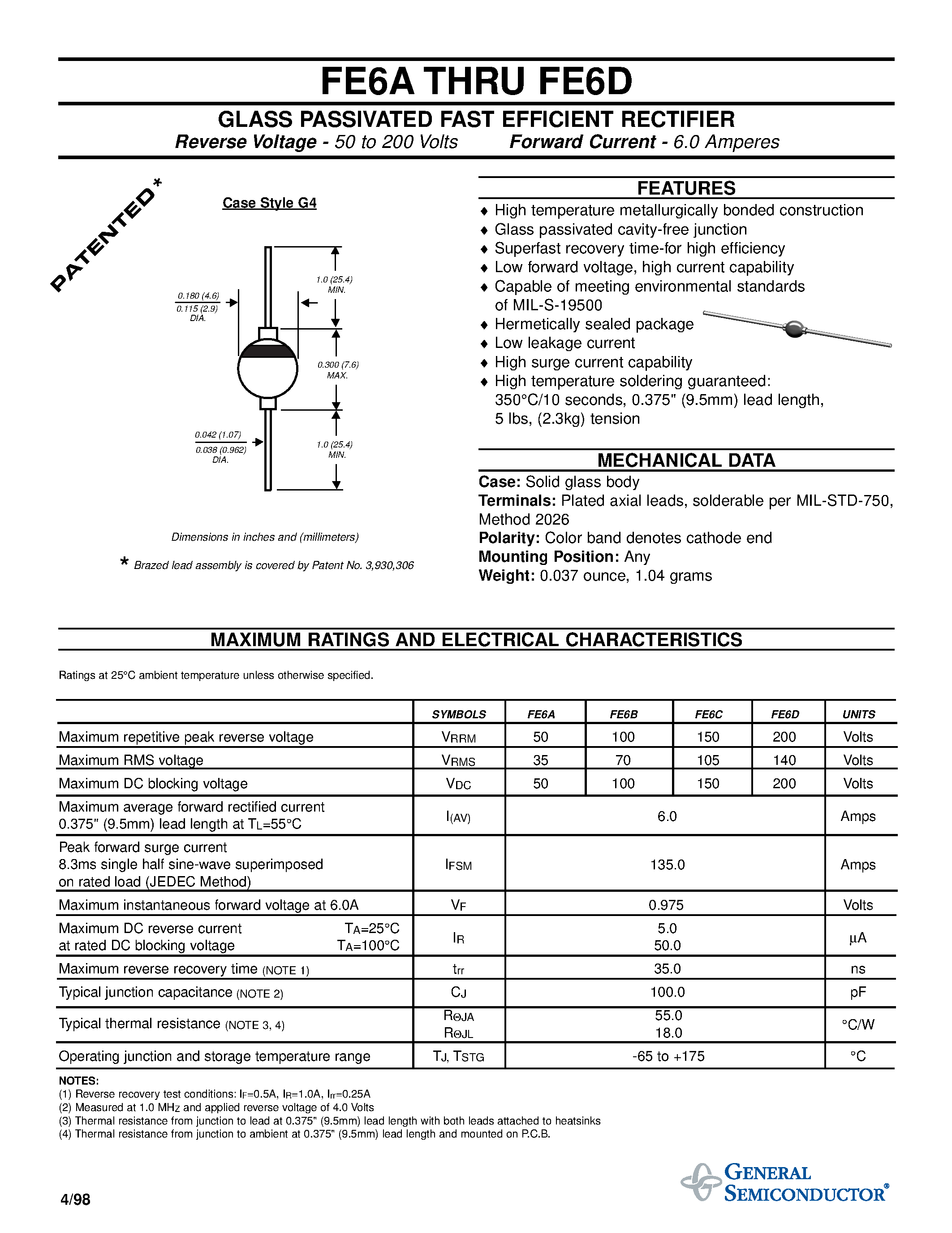 Datasheet FE6A page 1 Datasheet FE6A - GLASS PASSIVATED FAST EFFICIENT RECTIFIER page 1