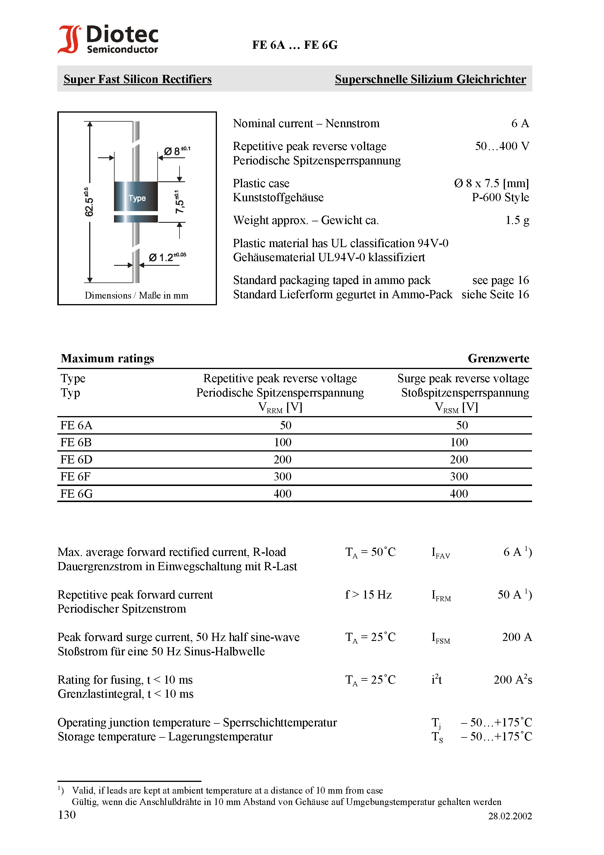 Datasheet FE6F page 1 Datasheet FE6F - Super Fast Silicon Rectifiers page 1