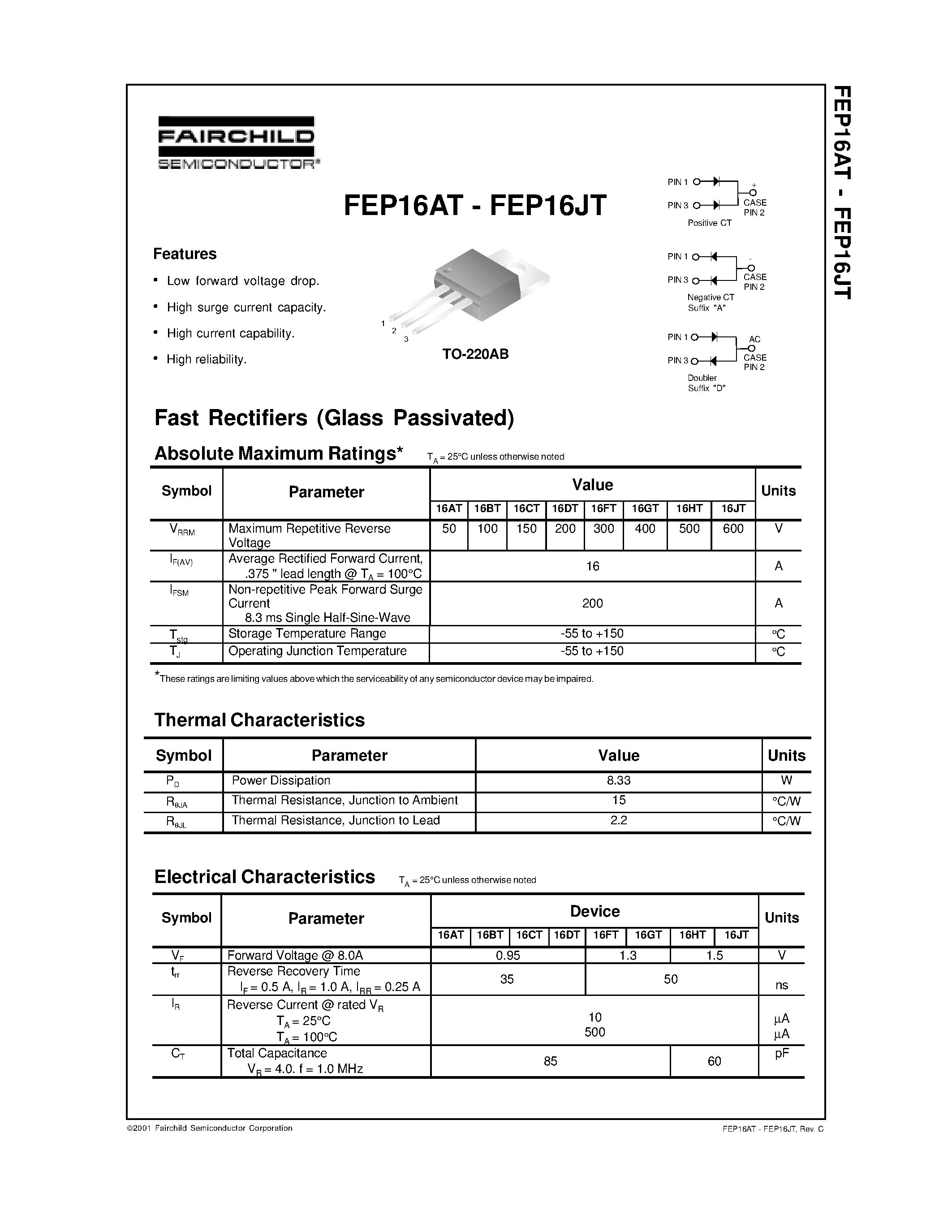 Datasheet FEP16DTA page 1 Datasheet FEP16DTA - Fast Rectifiers (Glass Passivated) page 1