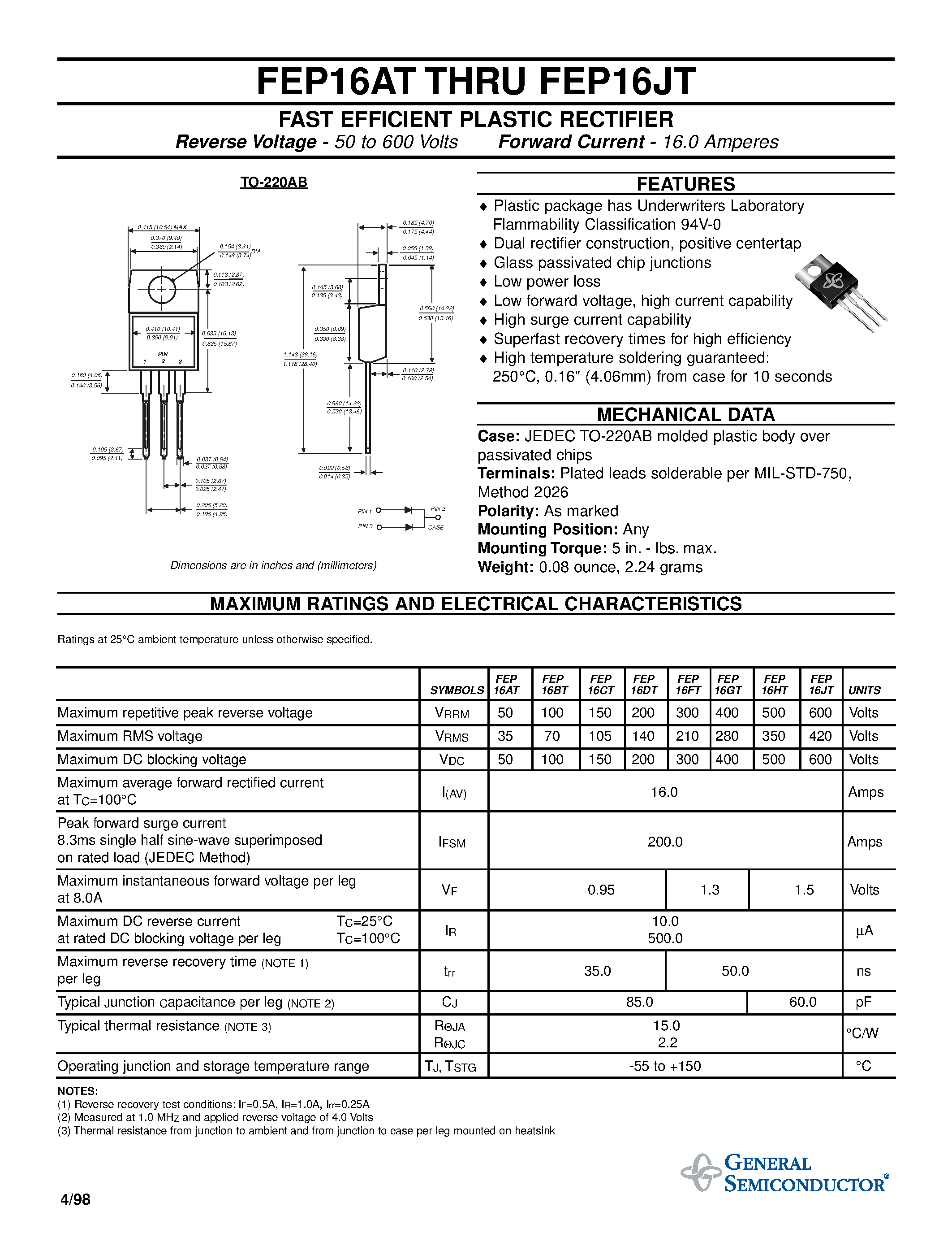 Даташит FEP16HT - FAST EFFICIENT PLASTIC RECTIFIER страница 1