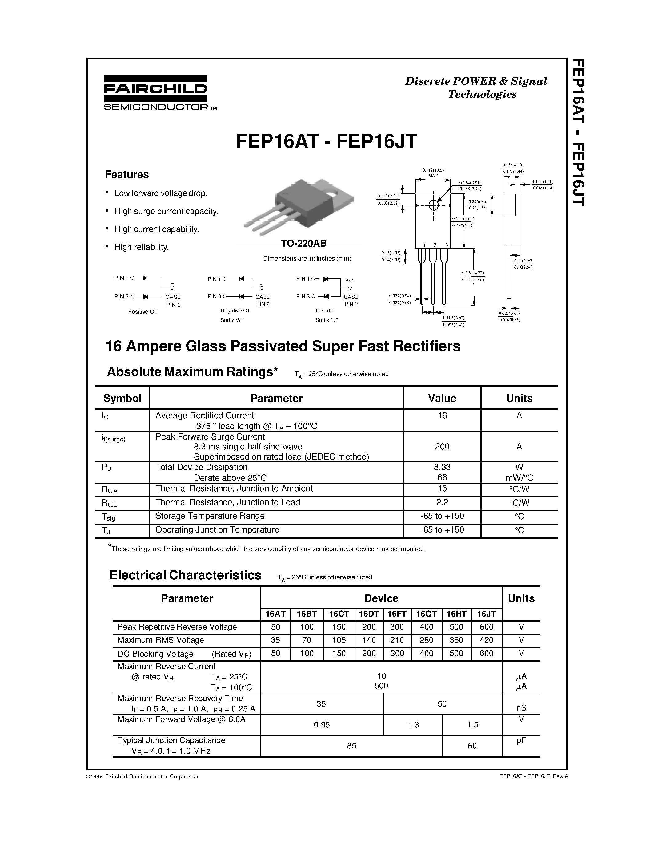 Datasheet FEP16JT - Fast Rectifiers (Glass Passivated) page 1