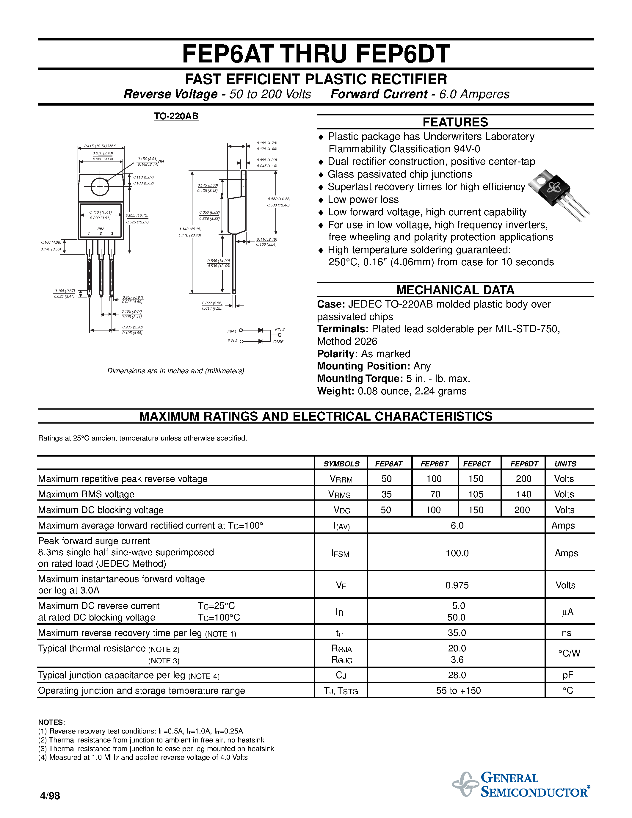 Даташит FEP6 - FAST EFFICIENT PLASTIC RECTIFIER страница 1