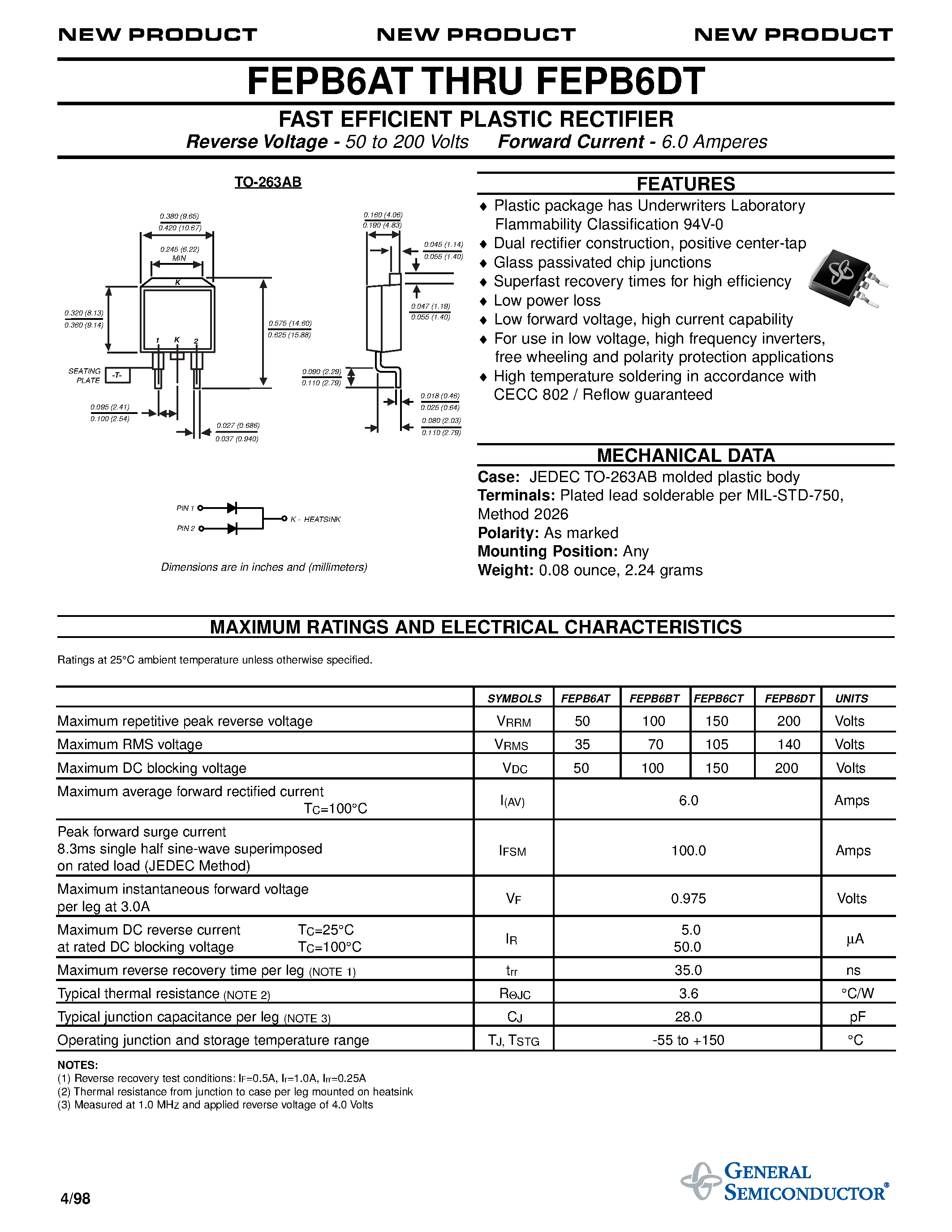 Datasheet FEPB6CT page 1 Datasheet FEPB6CT - FAST EFFICIENT PLASTIC RECTIFIER page 1
