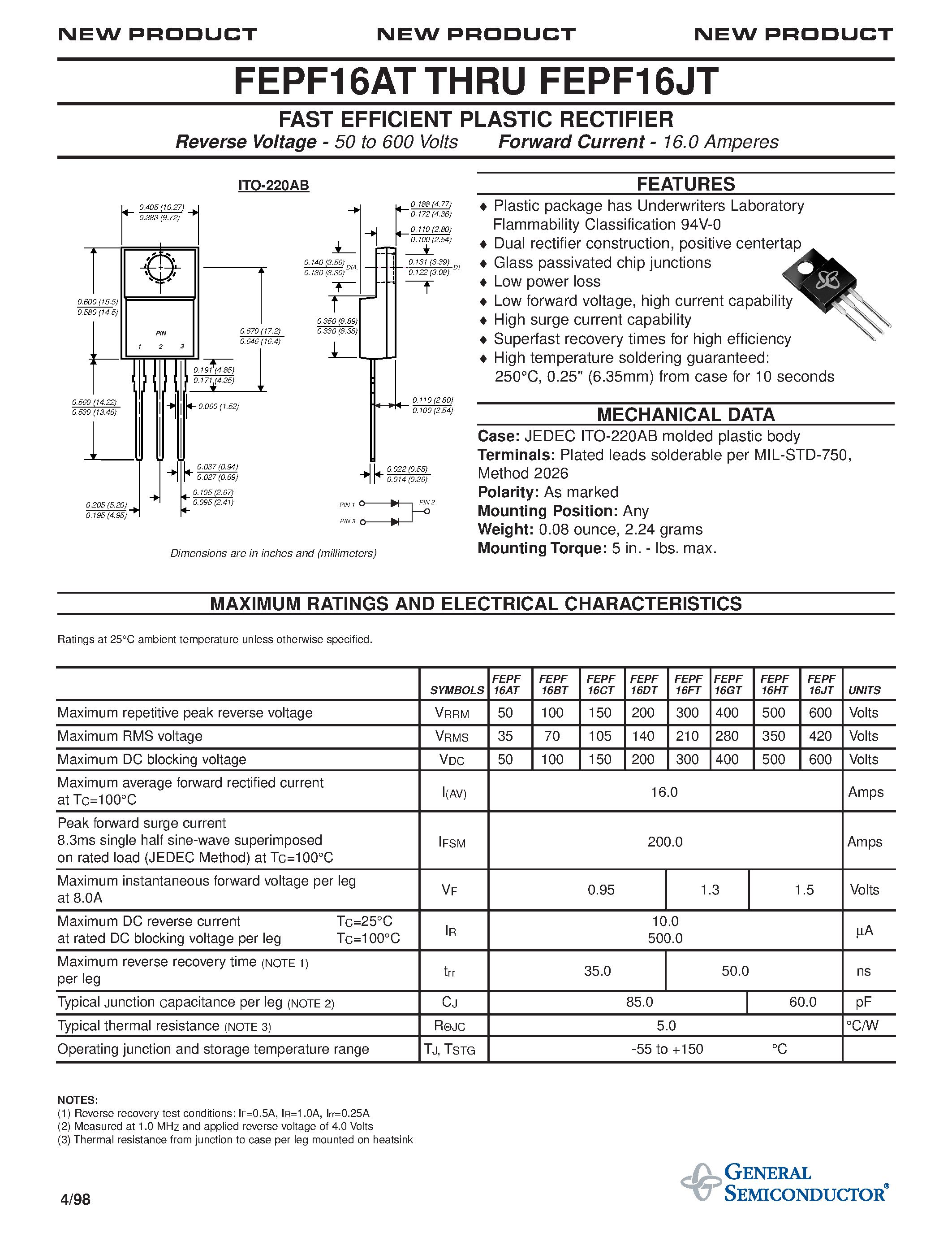 Даташит FEPF16DT - FAST EFFICIENT PLASTIC RECTIFIER страница 1