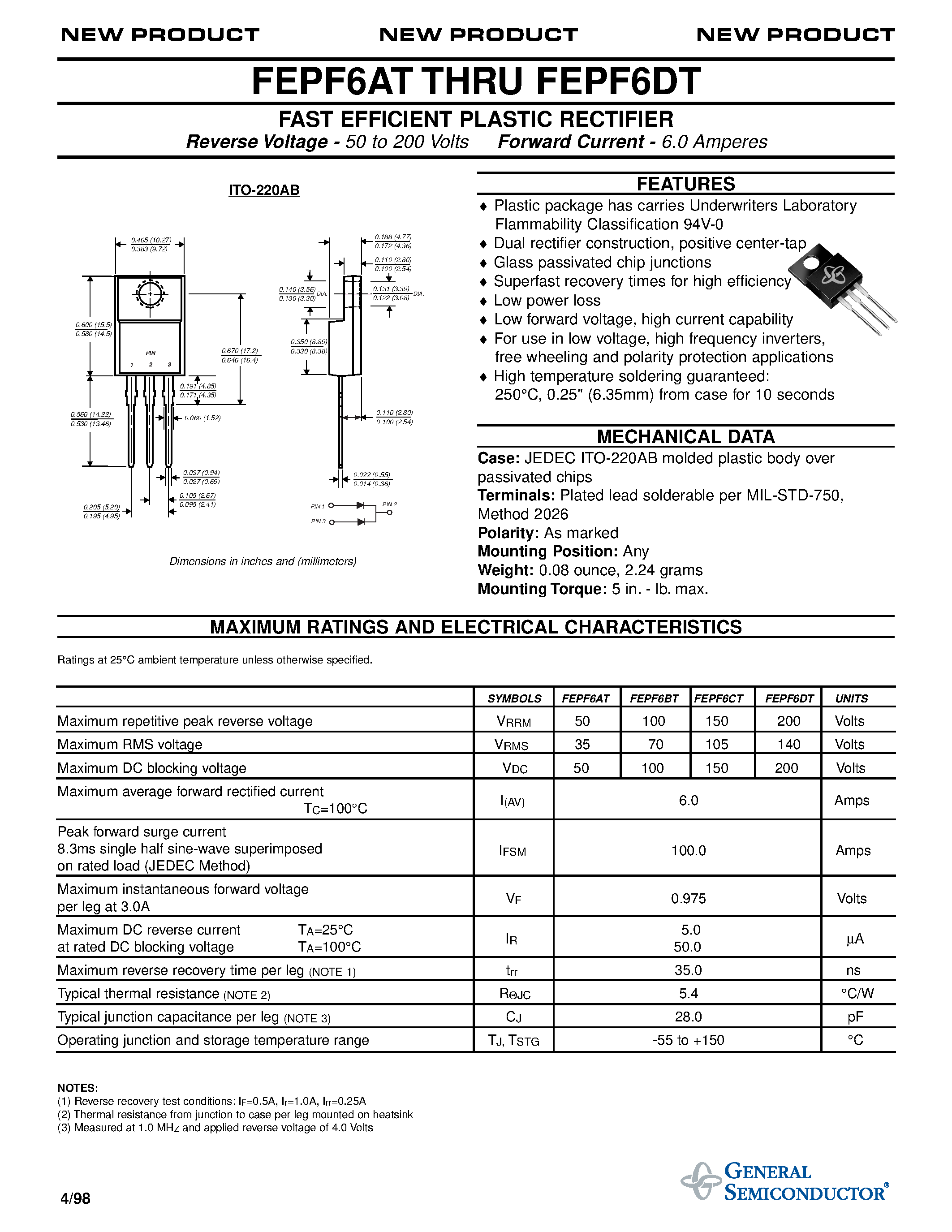Даташит FEPF6DT - FAST EFFICIENT PLASTIC RECTIFIER страница 1