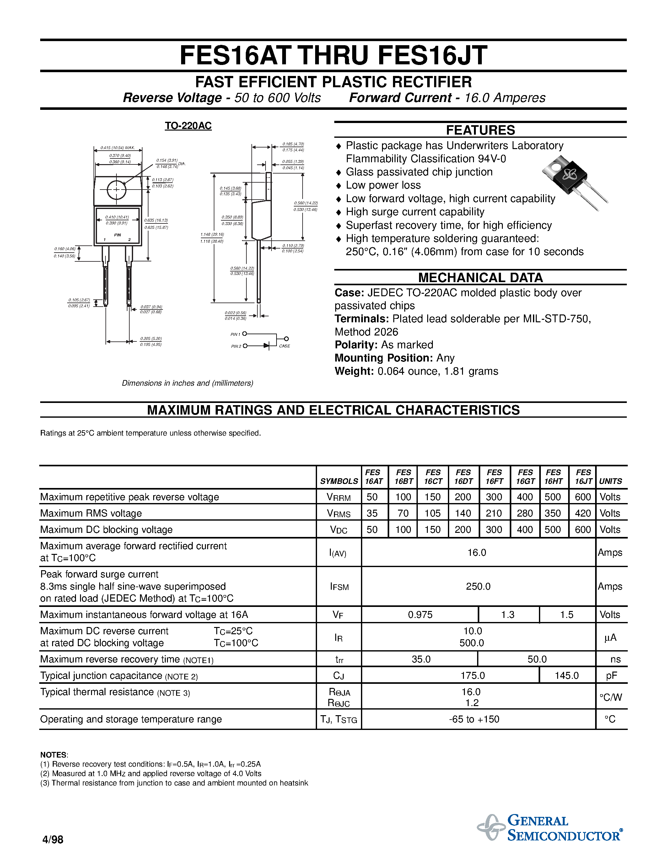 Даташит на микросхему FES16 страница 1 Даташит FES16 - FAST EFFICIENT PLASTIC RECTIFIER страница 1