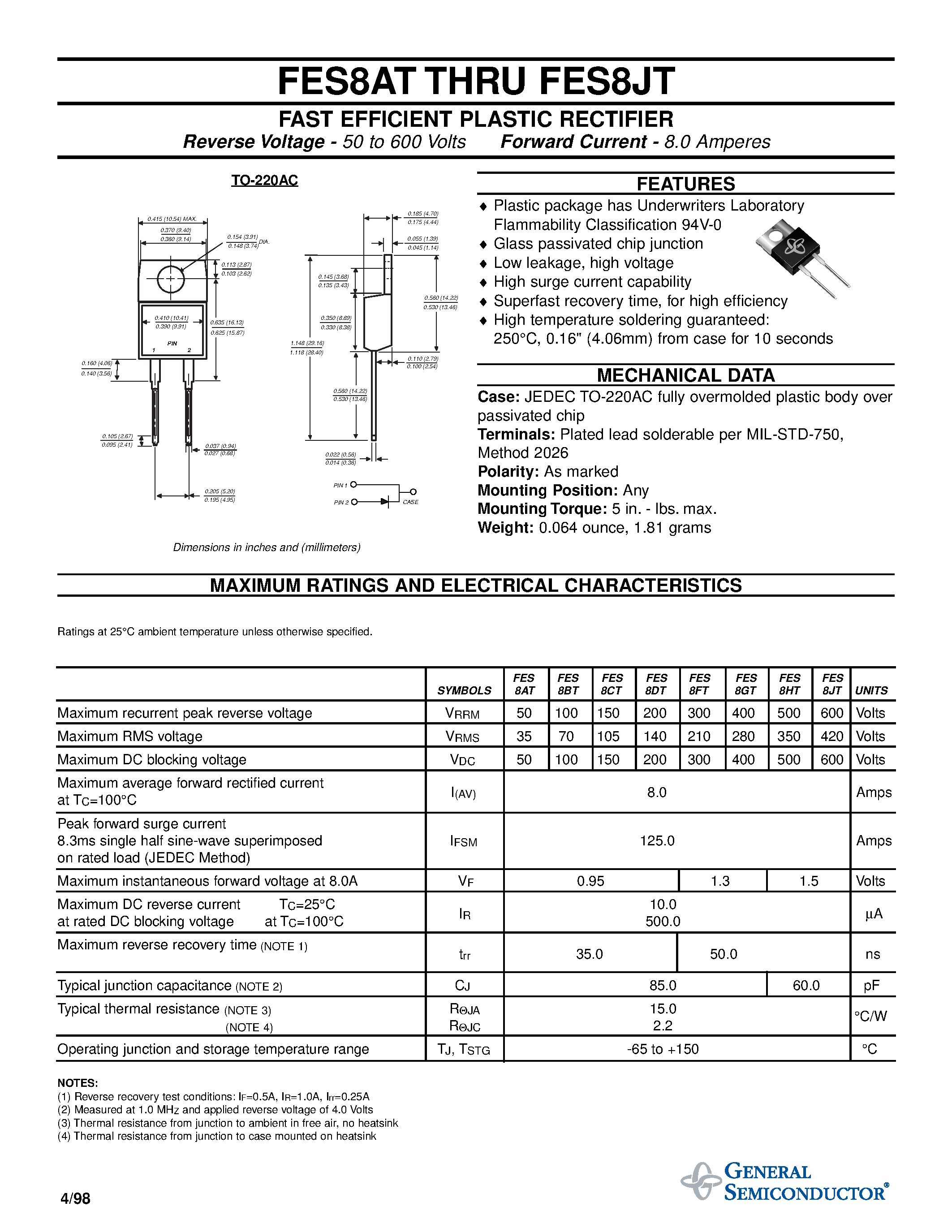 Даташит FES8HT - FAST EFFICIENT PLASTIC RECTIFIER страница 1