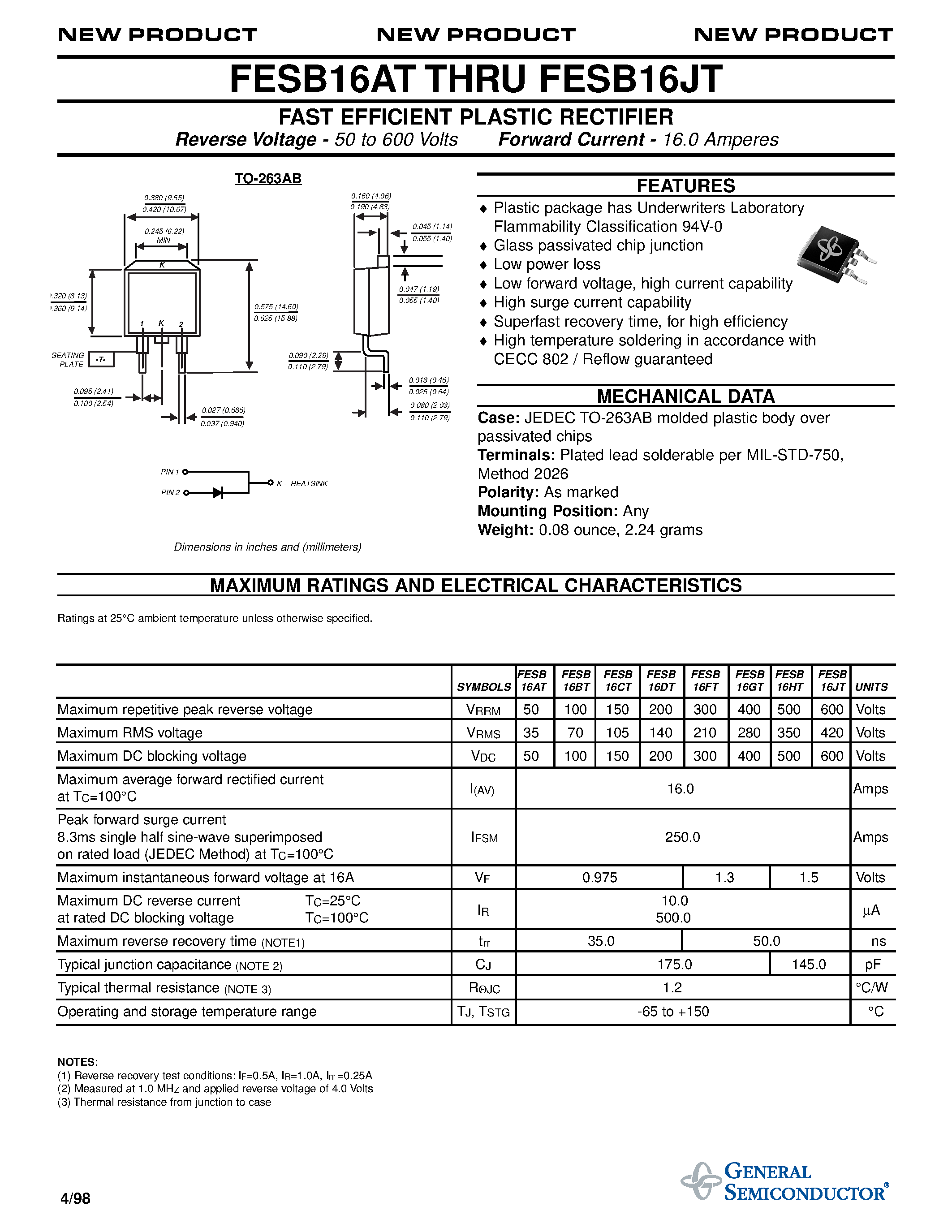 Даташит на микросхему FESB16DT страница 1 Даташит FESB16DT - FAST EFFICIENT PLASTIC RECTIFIER страница 1