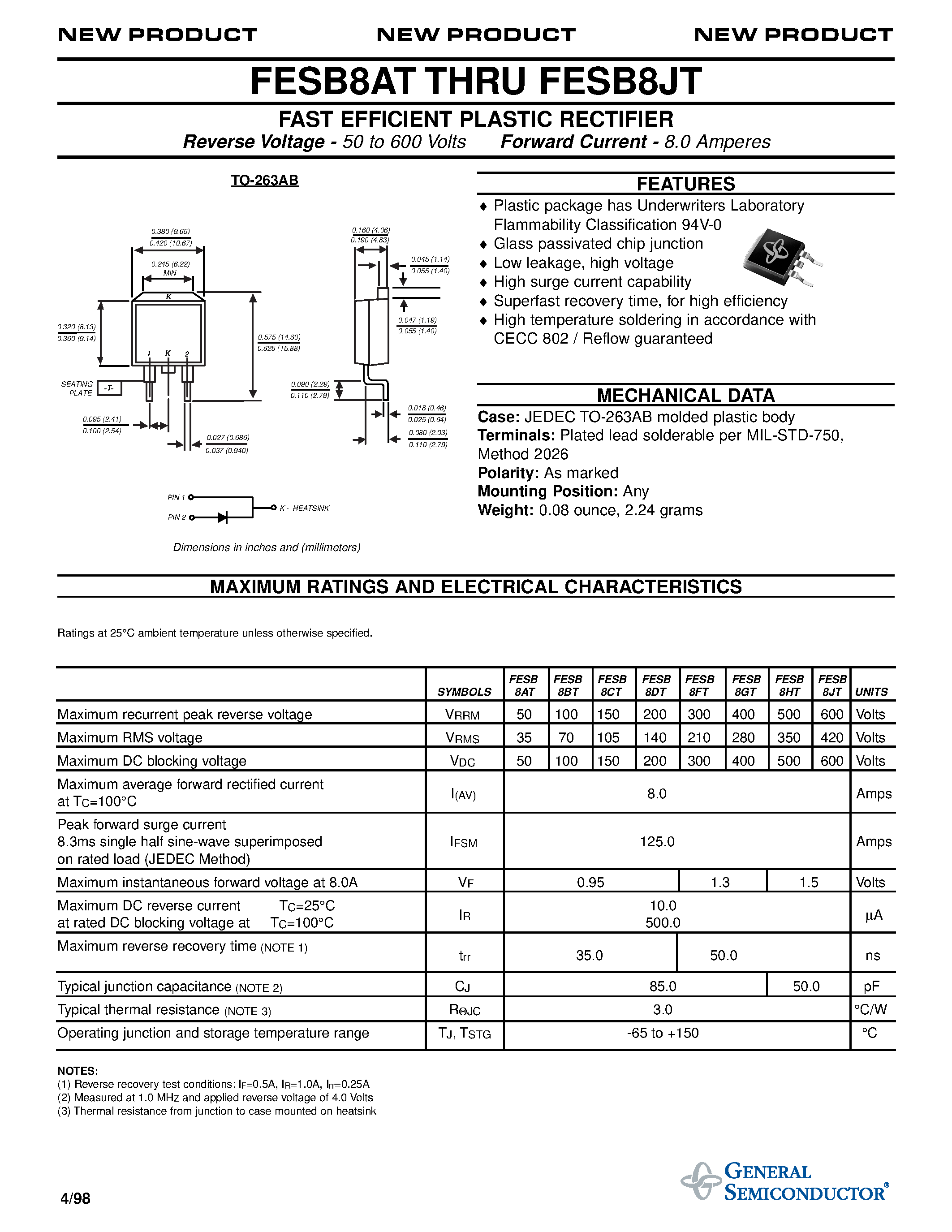 Даташит FESB8DT - FAST EFFICIENT PLASTIC RECTIFIER страница 1