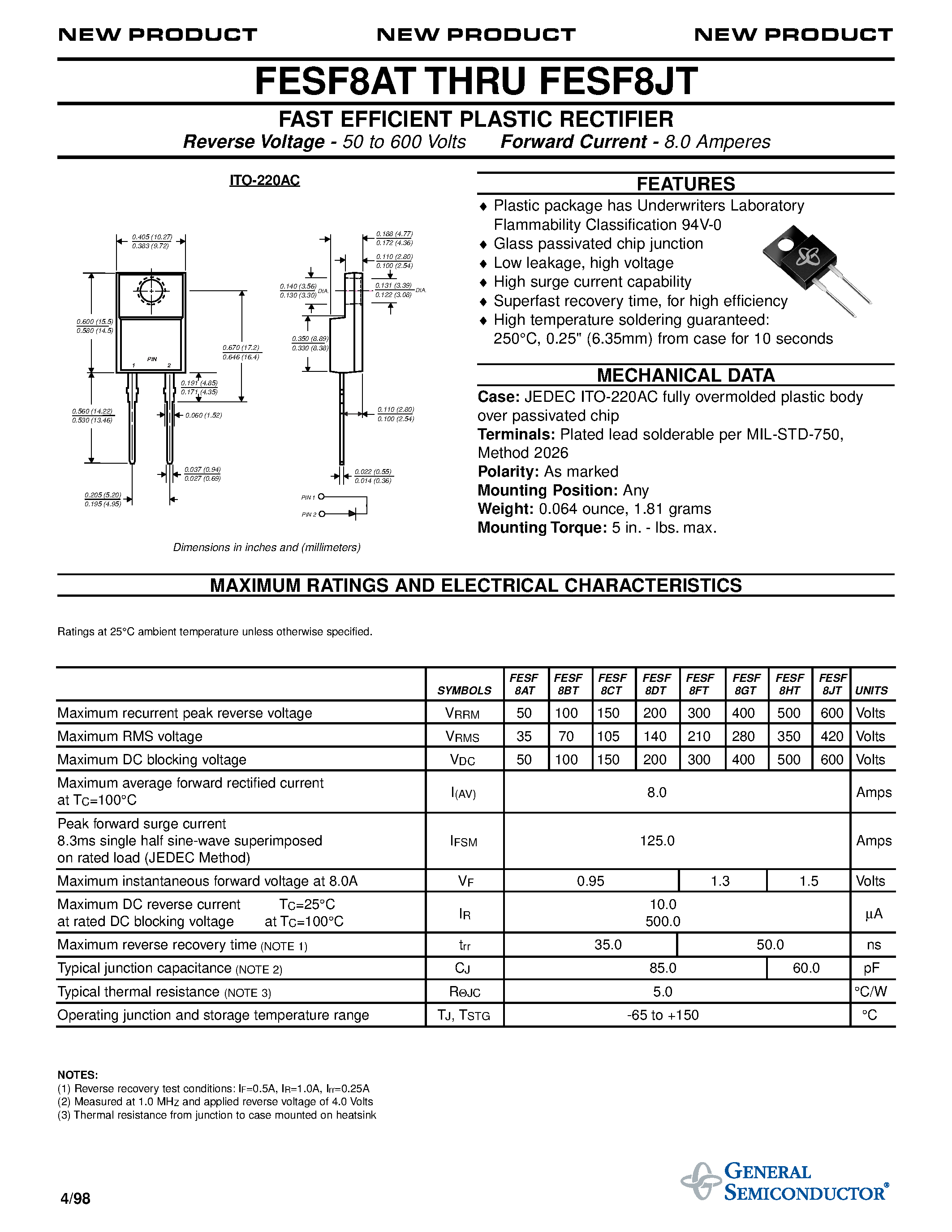 Даташит FESF8AT - FAST EFFICIENT PLASTIC RECTIFIER страница 1