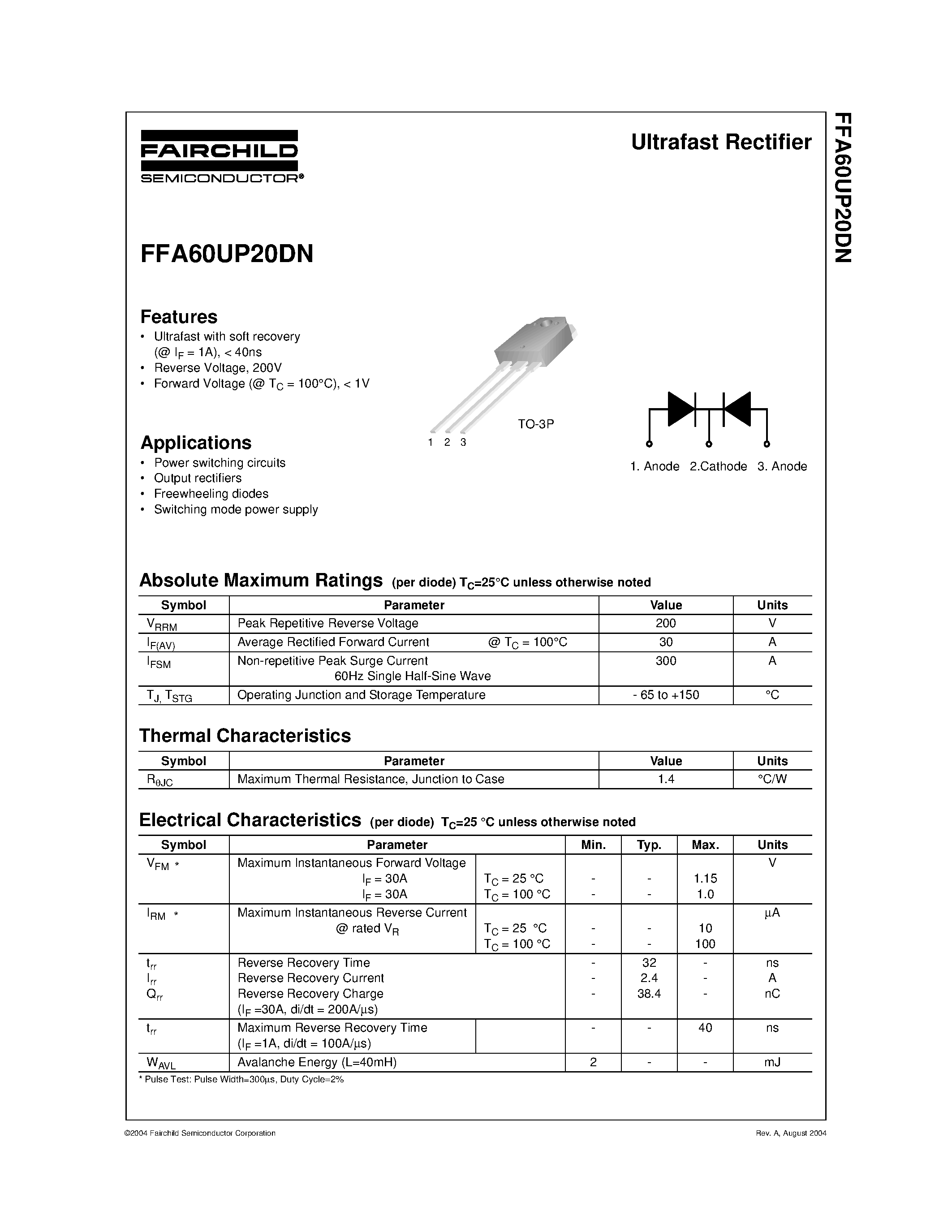 Даташит FFA60UP20DN - Ultrafast Rectifier страница 1