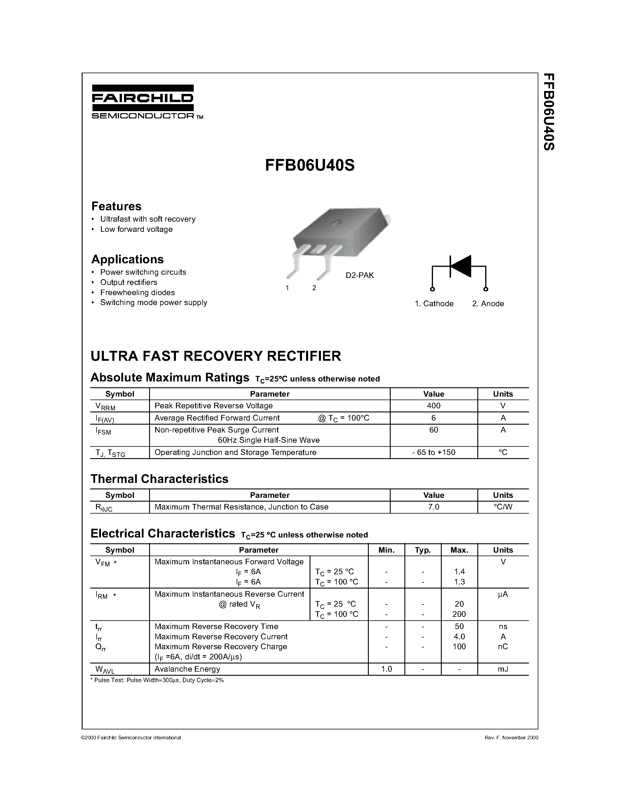 Datasheet FFB06U40S - ULTRA FAST RECOVERY RECTIFIER page 1