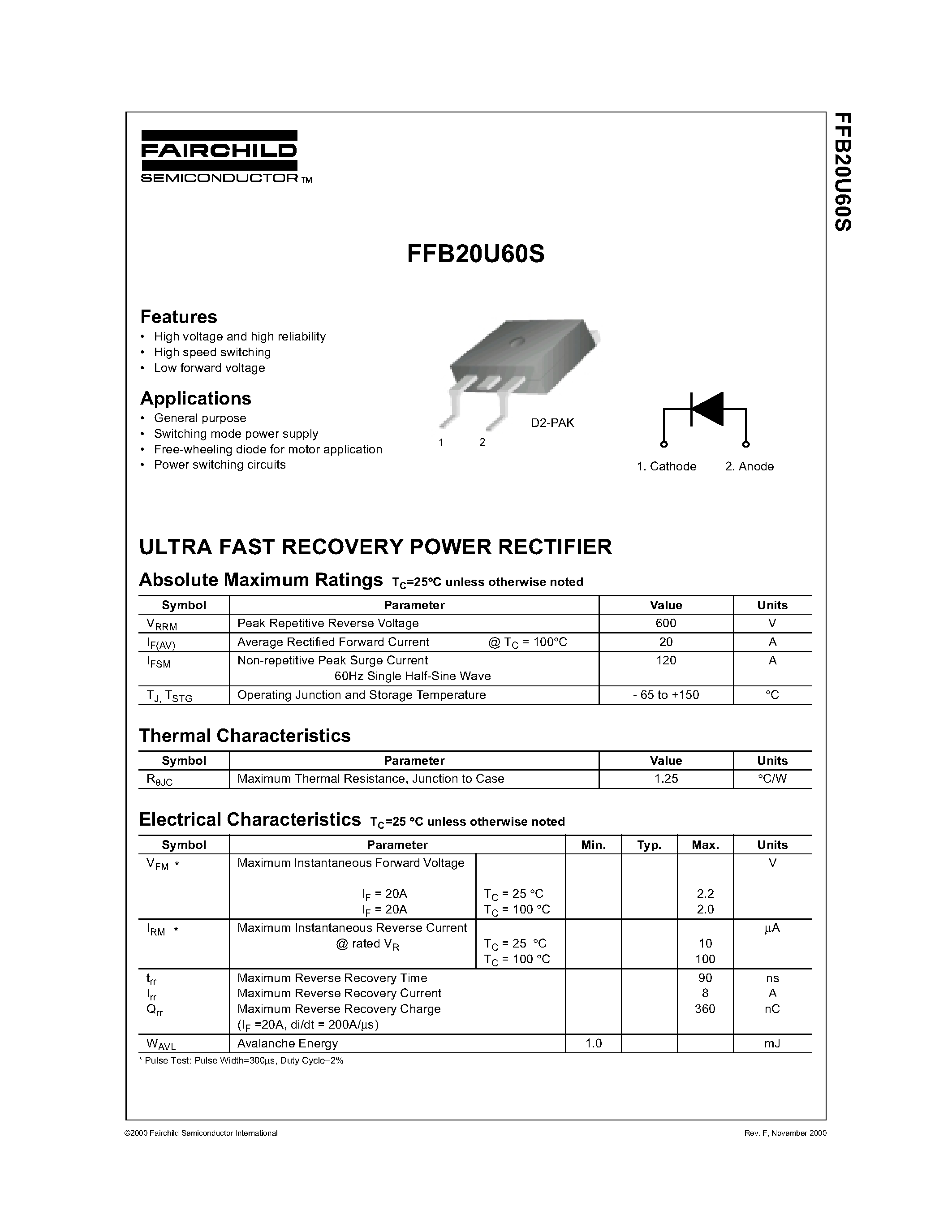 Datasheet FFB20U60S page 1 Datasheet FFB20U60S - ULTRA FAST RECOVERY POWER RECTIFIER page 1
