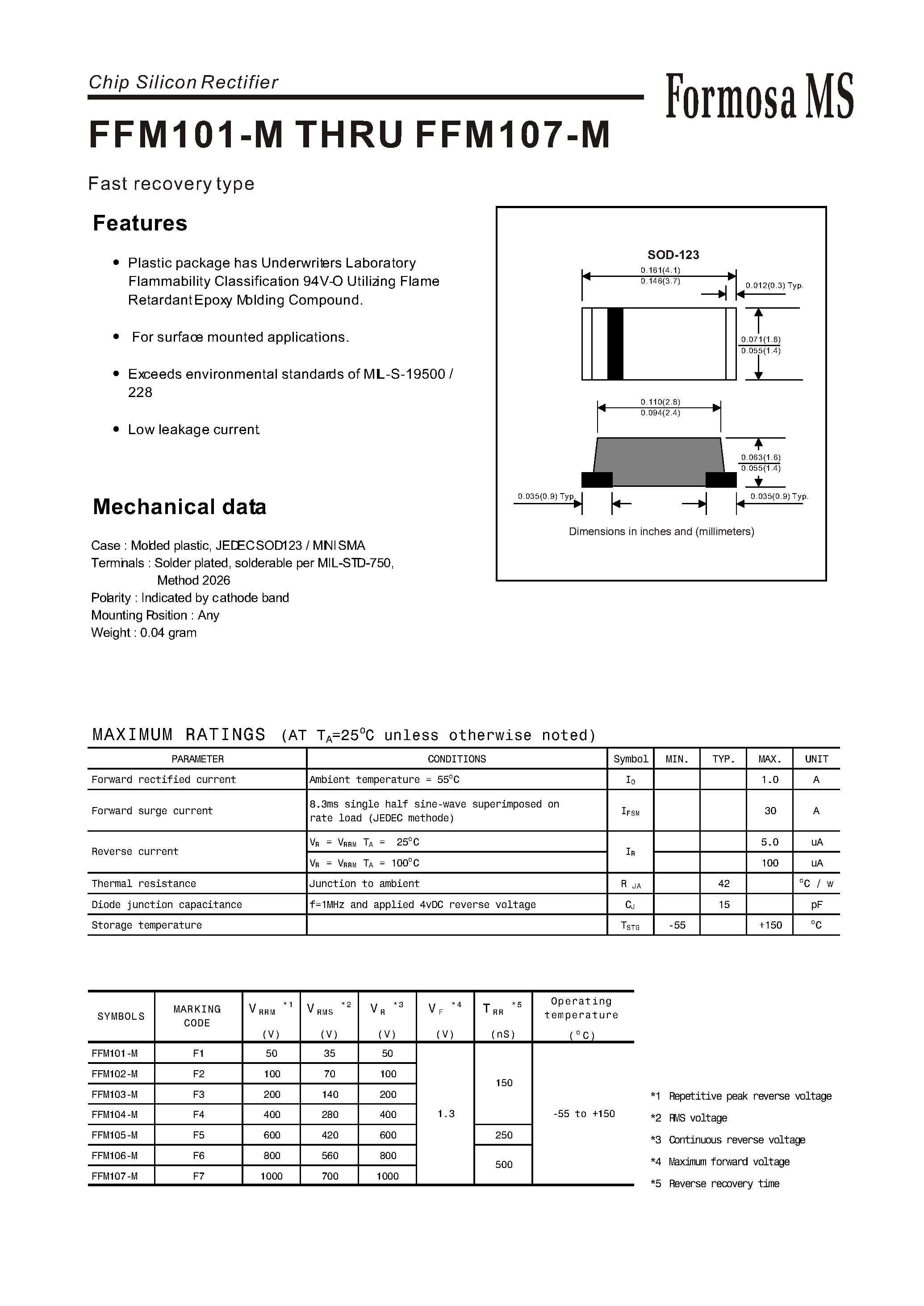 Даташит FFM103-M - Fast recovery type страница 1