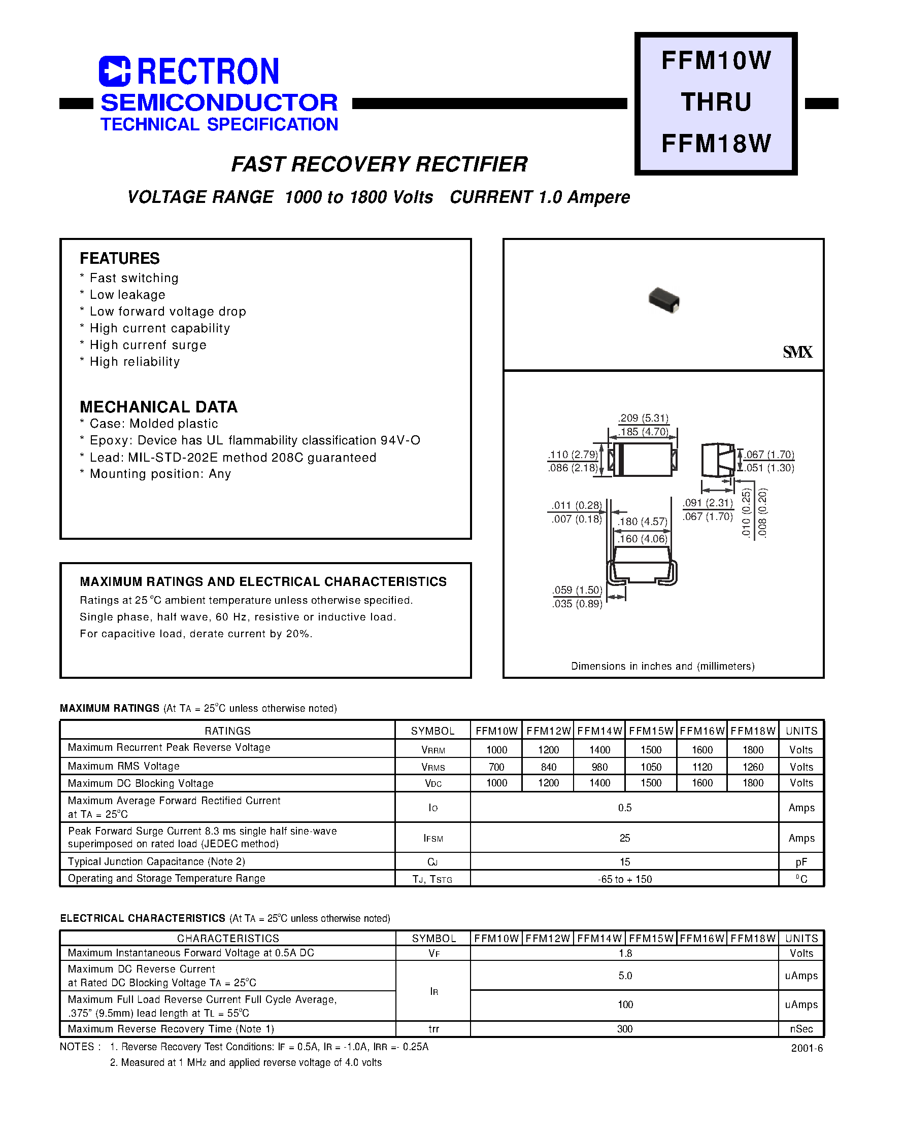 Datasheet FFM18W page 1 Datasheet FFM18W - FAST RECOVERY RECTIFIER (VOLTAGE RANGE 1000 to 1800 Volts CURRENT 1.0 Ampere) page 1