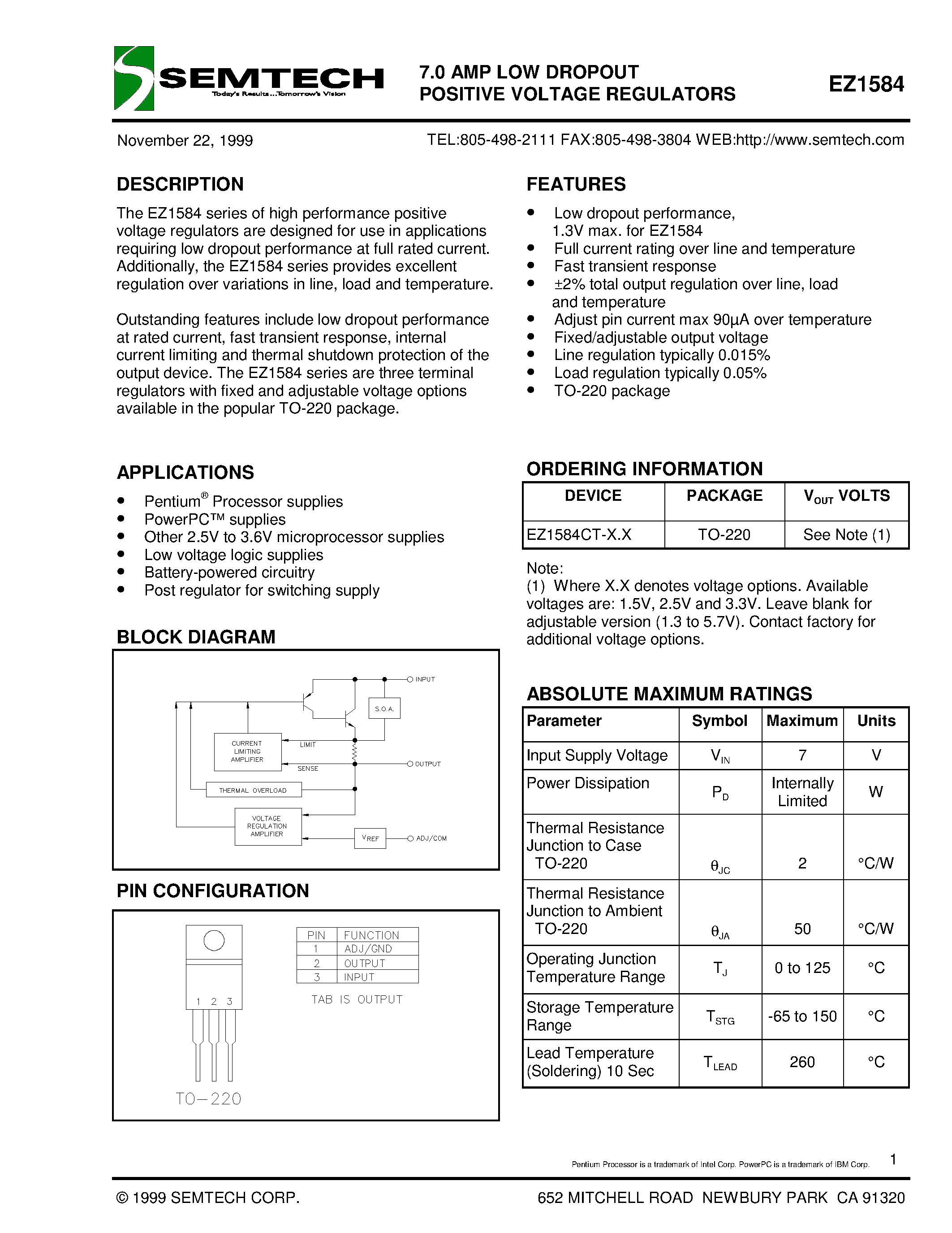 Datasheet EZ1584 - 7.0 AMP LOW DROPOUT POSITIVE VOLTAGE REGULATORS page 1