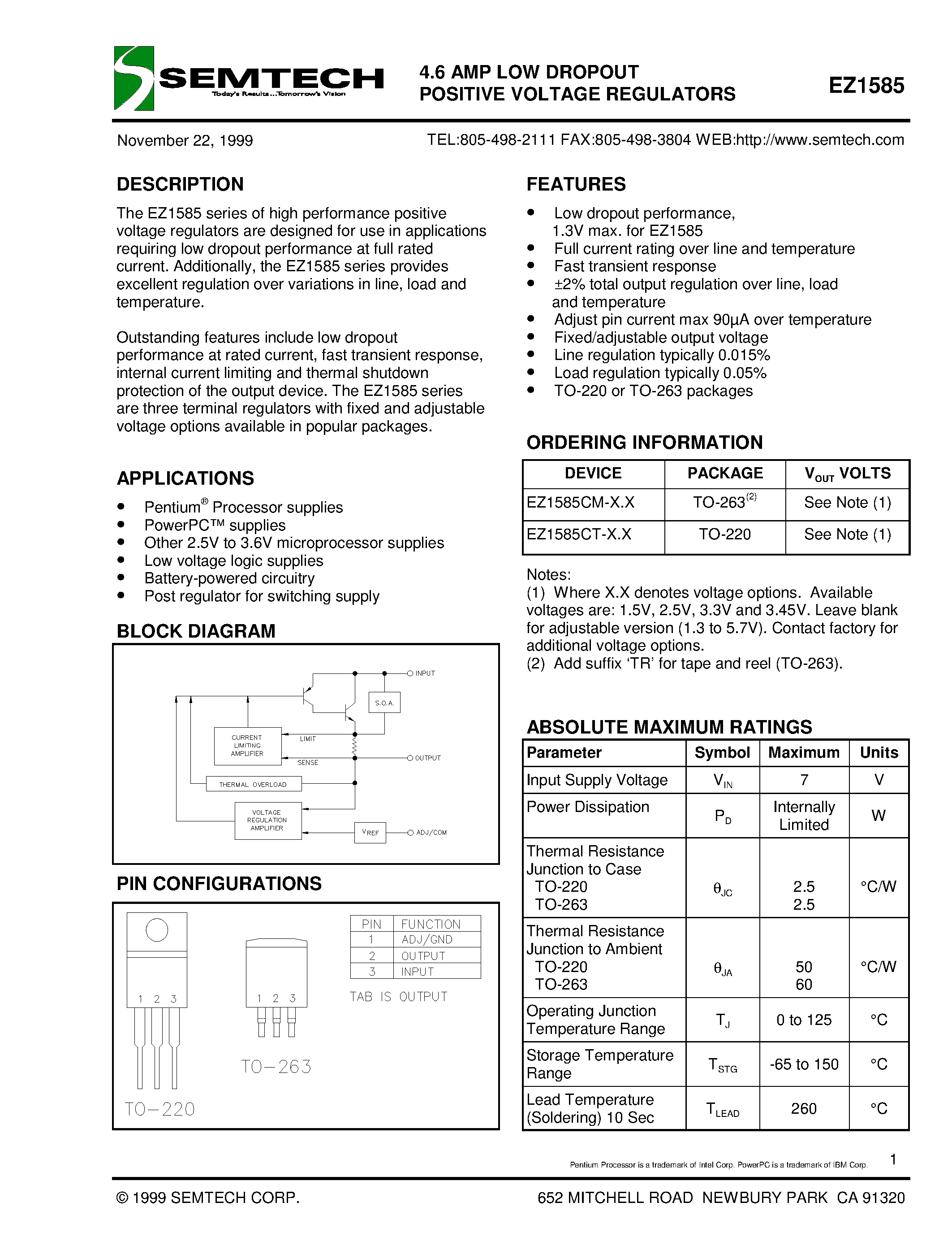 Datasheet EZ1585 - 4.6 AMP LOW DROPOUT POSITIVE VOLTAGE REGULATORS page 1