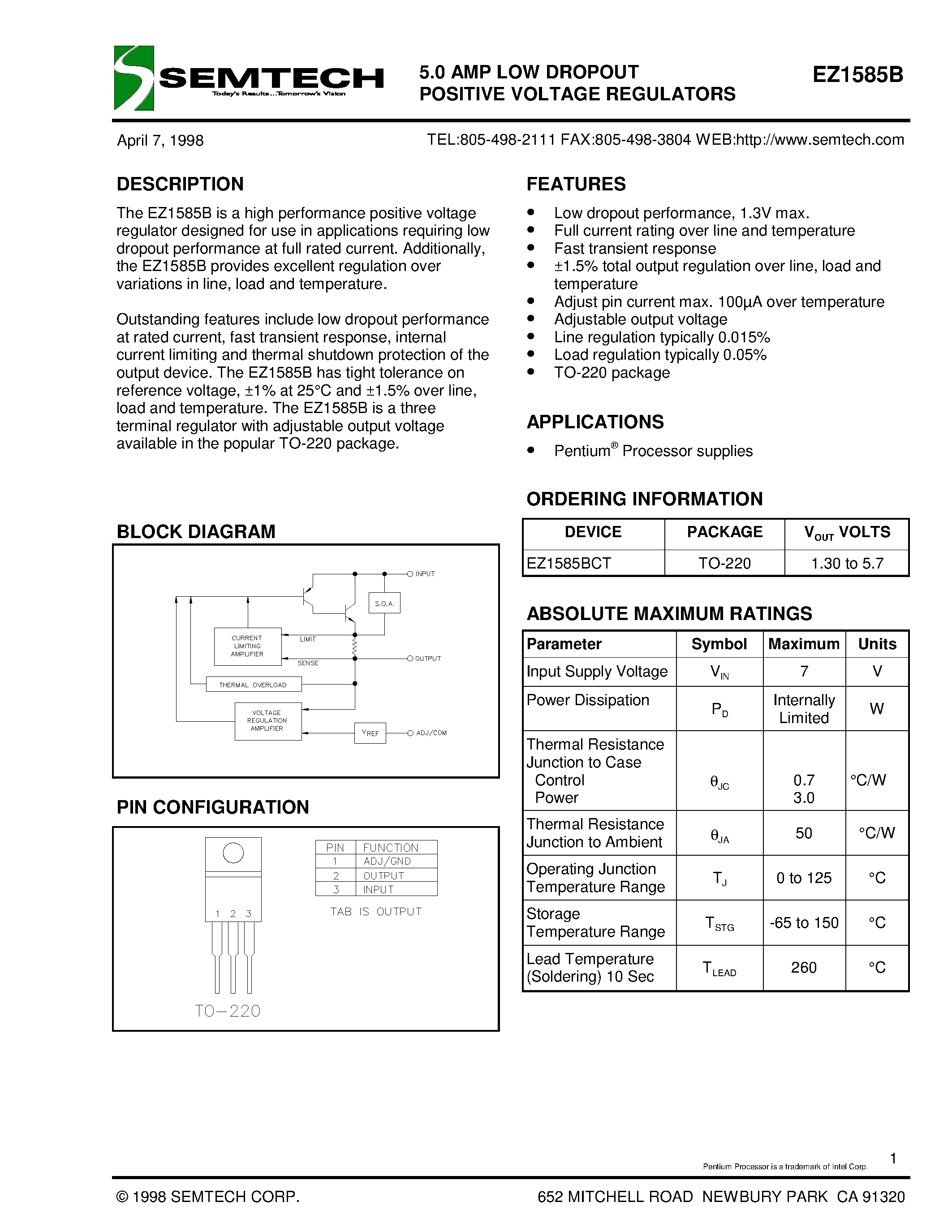 Datasheet EZ1585BCT - 5.0 AMP LOW DROPOUT POSITIVE VOLTAGE REGULATORS page 1