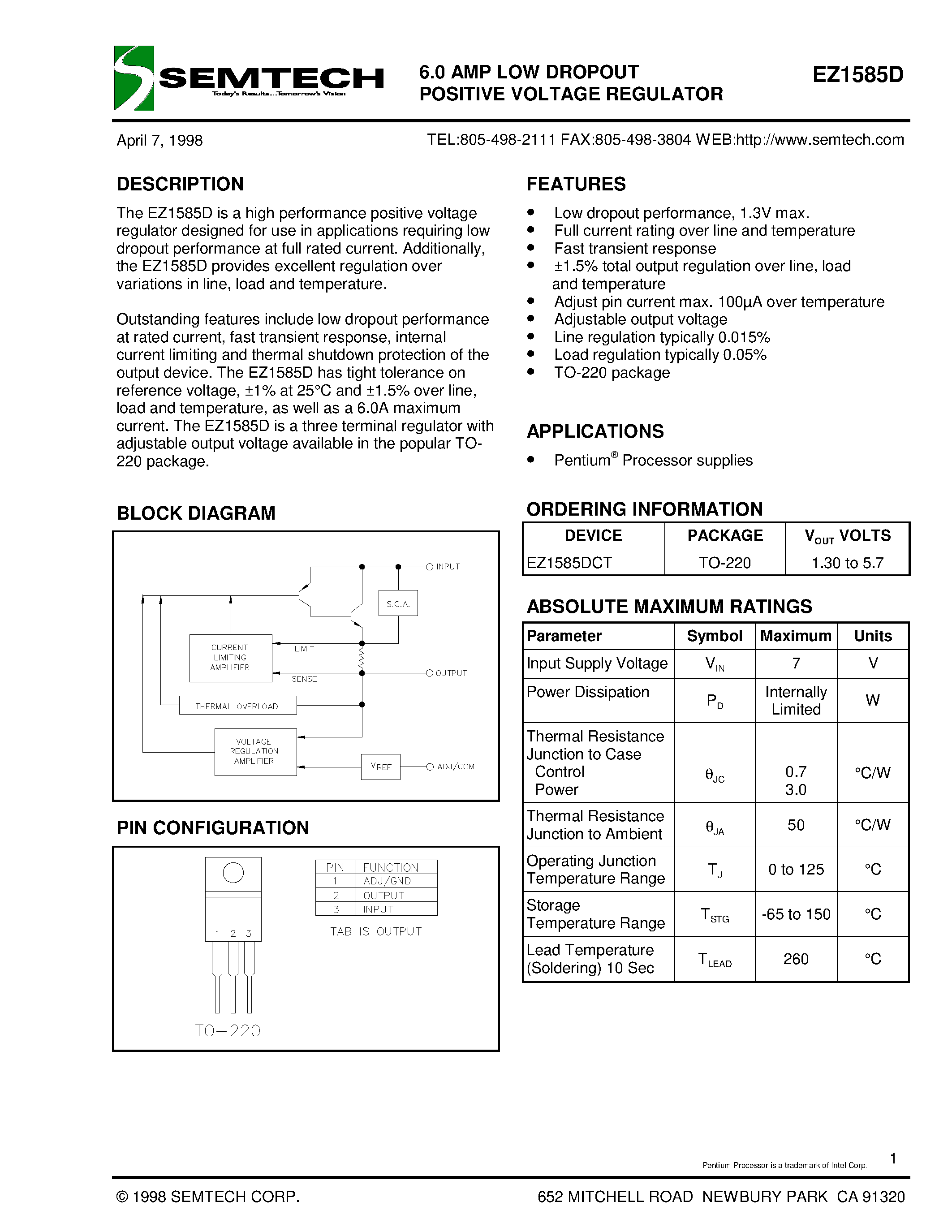 Datasheet EZ1585DCT - 6.0 AMP LOW DROPOUT POSITIVE VOLTAGE REGULATOR page 1