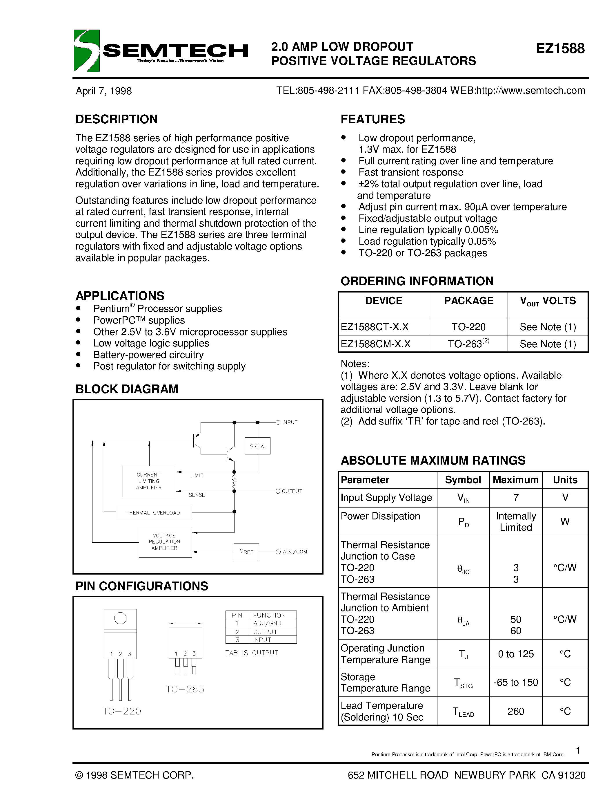 Datasheet EZ1588CM page 1 Datasheet EZ1588CM - 2.0 AMP LOW DROPOUT POSITIVE VOLTAGE REGULATORS page 1