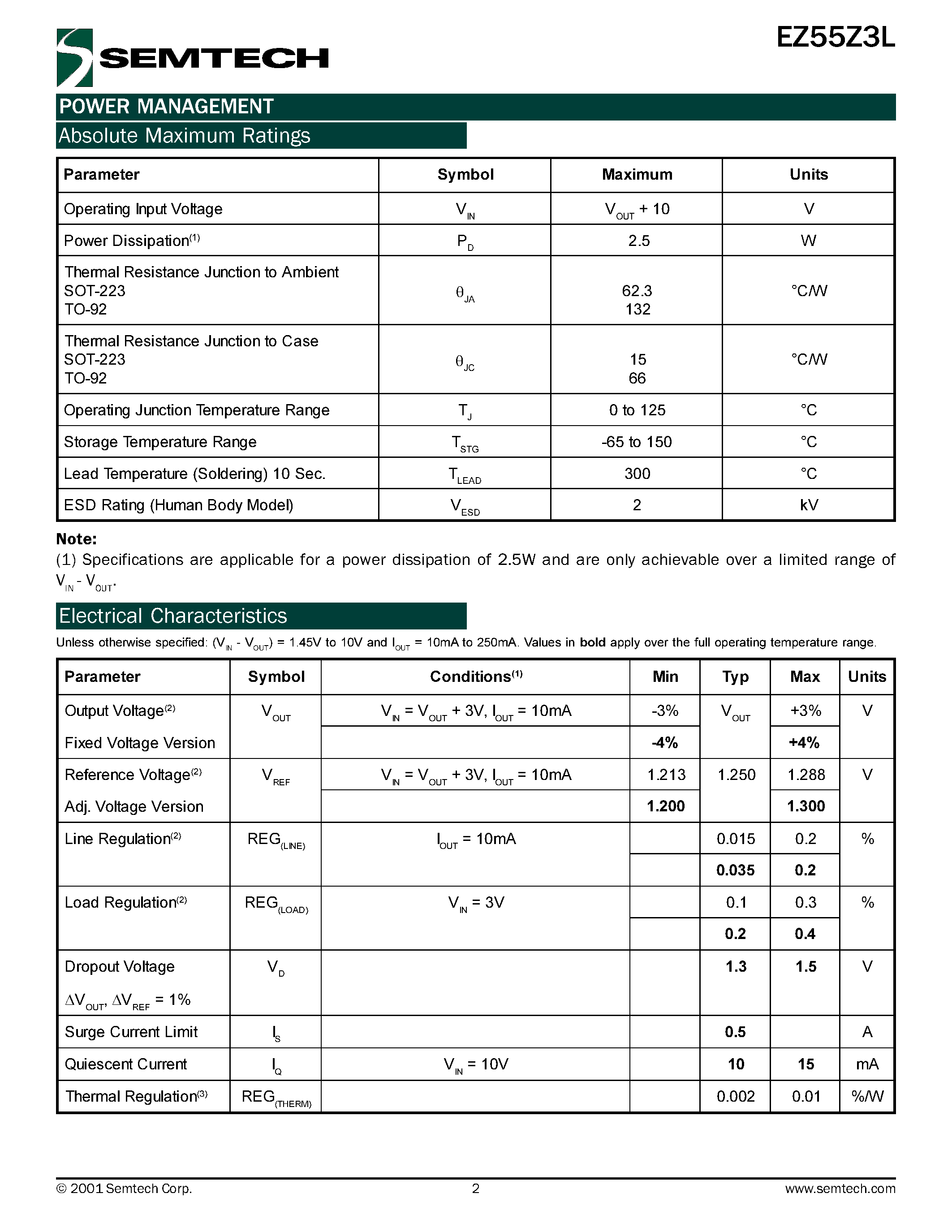 Datasheet EZ55Z3L-S3.3TR page 2 Datasheet EZ55Z3L-S3.3TR - 0.25 AMP POSITIVE VOLTAGE REGULATORS page 2