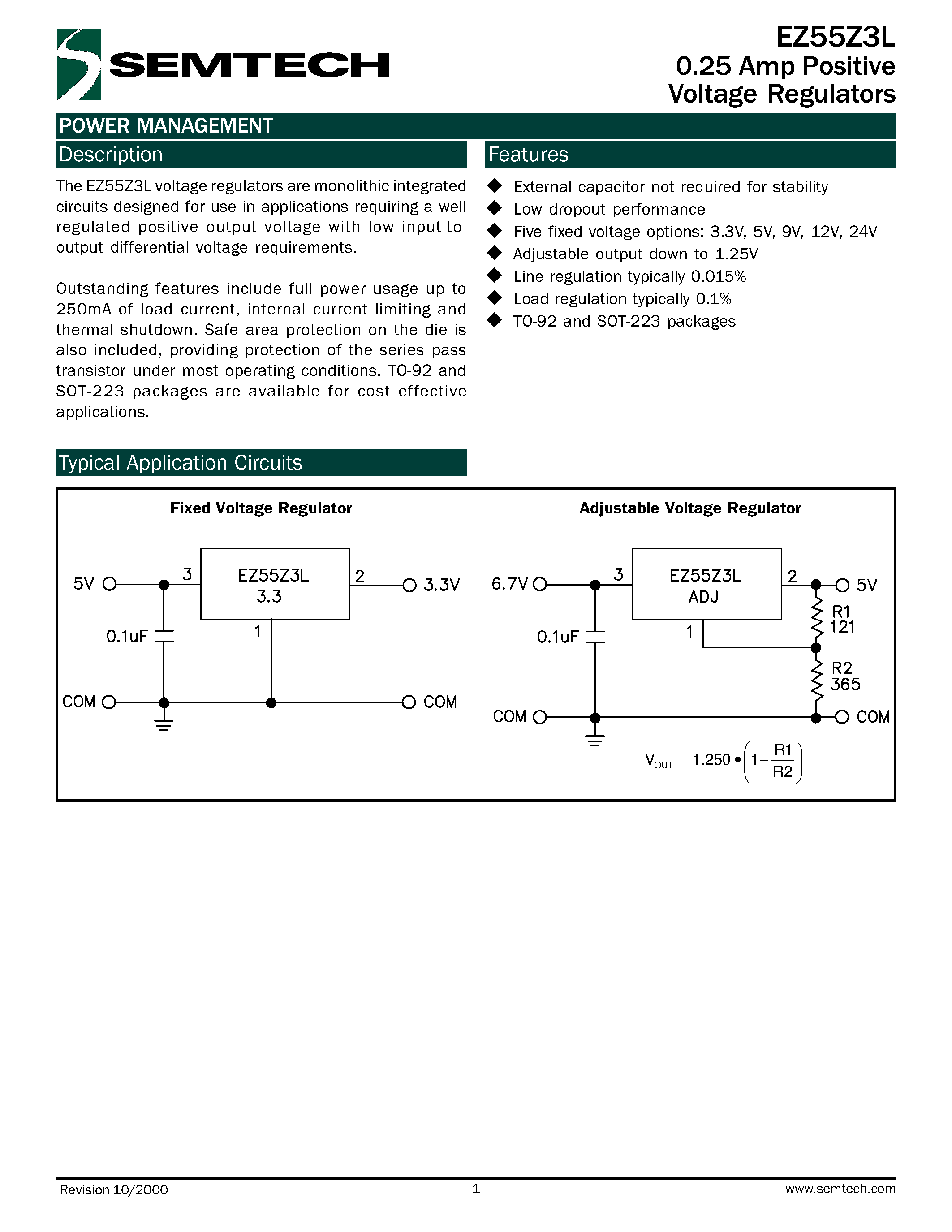 Datasheet EZ55Z3L-Z3.3 - 0.25 AMP POSITIVE VOLTAGE REGULATORS page 1
