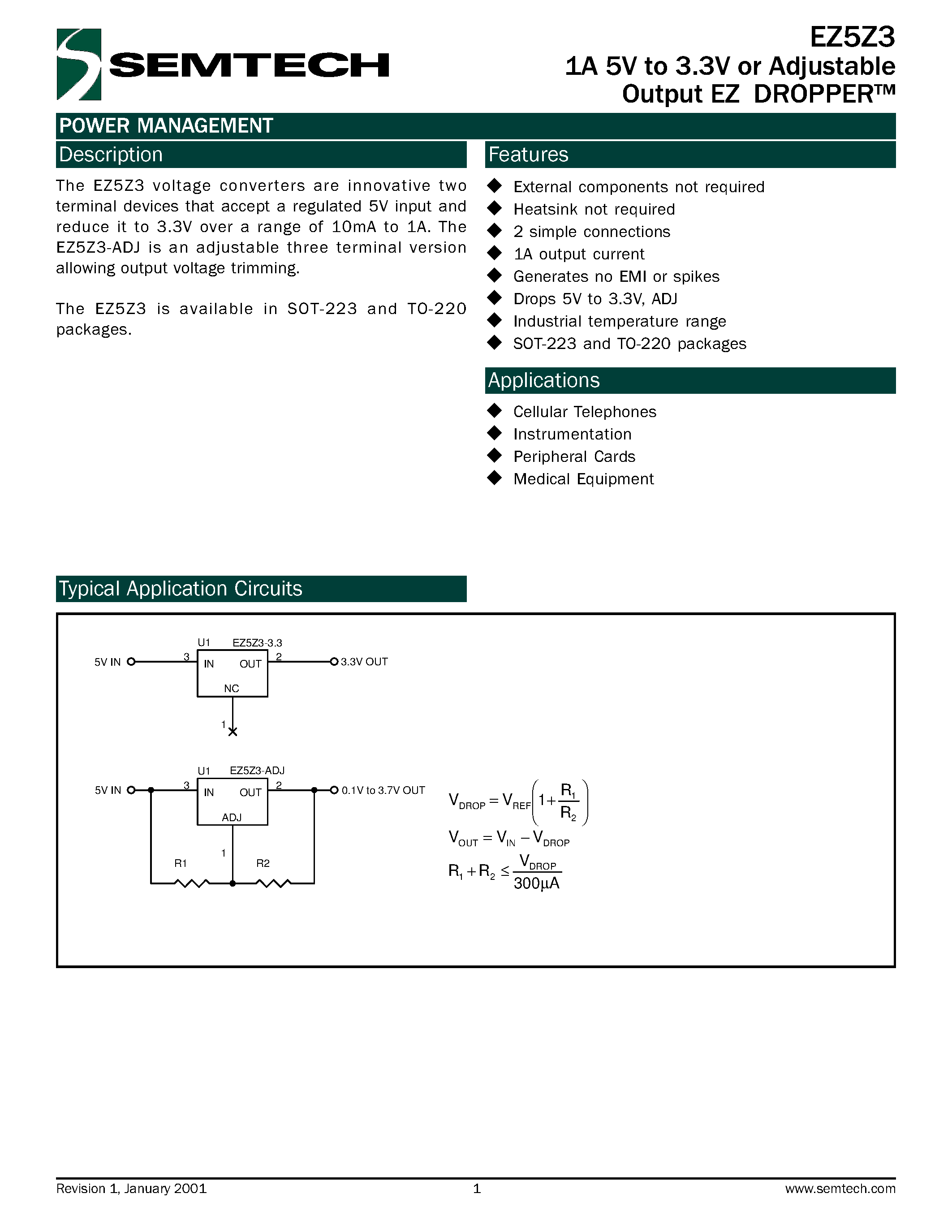 Даташит EZ5Z3-SADJ - 1A 5V to 3.3V or Adjustable Output EZ DROPPER страница 1