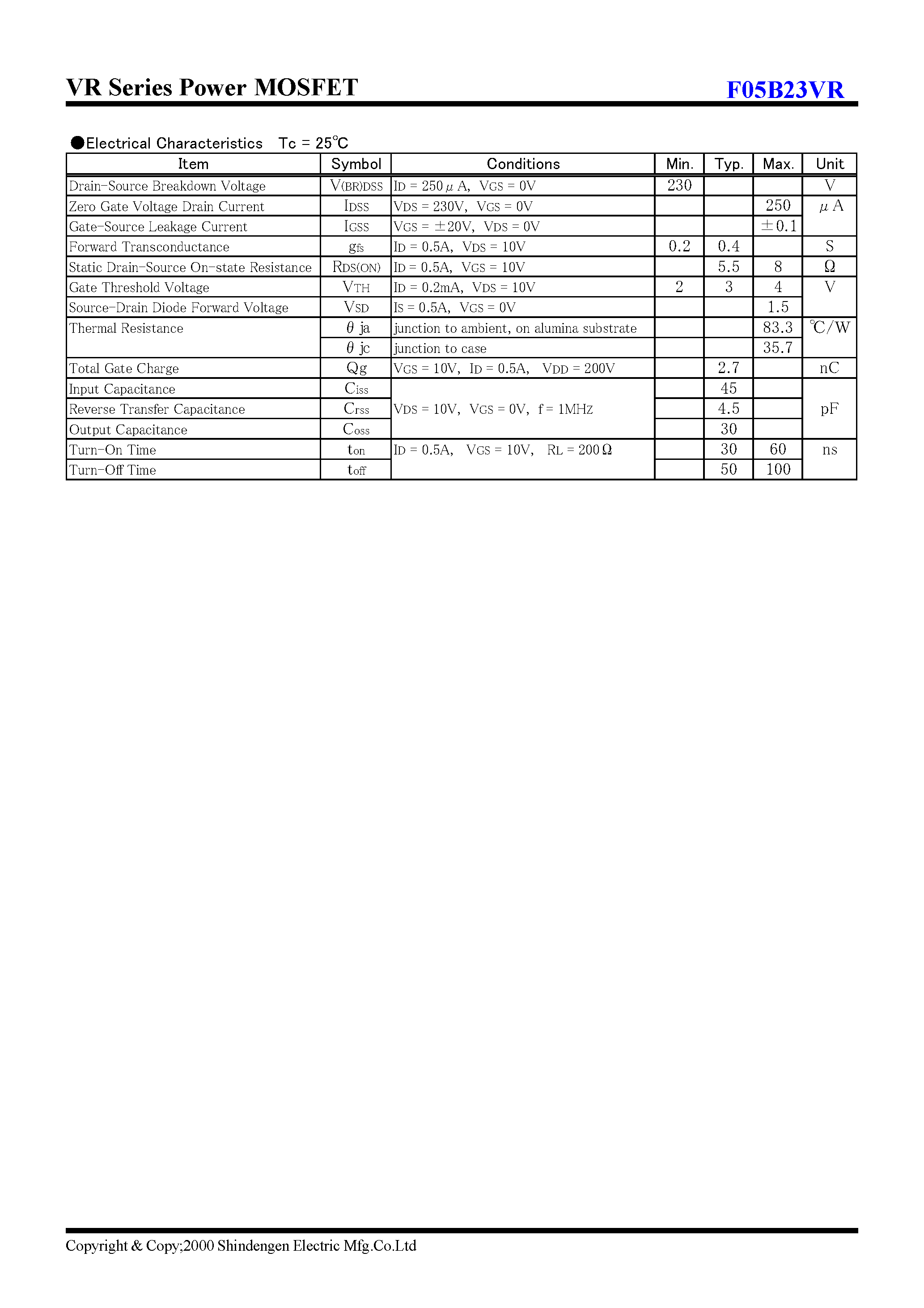 Datasheet F05B23VR page 2 Datasheet F05B23VR - VR Series Power MOSFET(230V 0.5A) page 2
