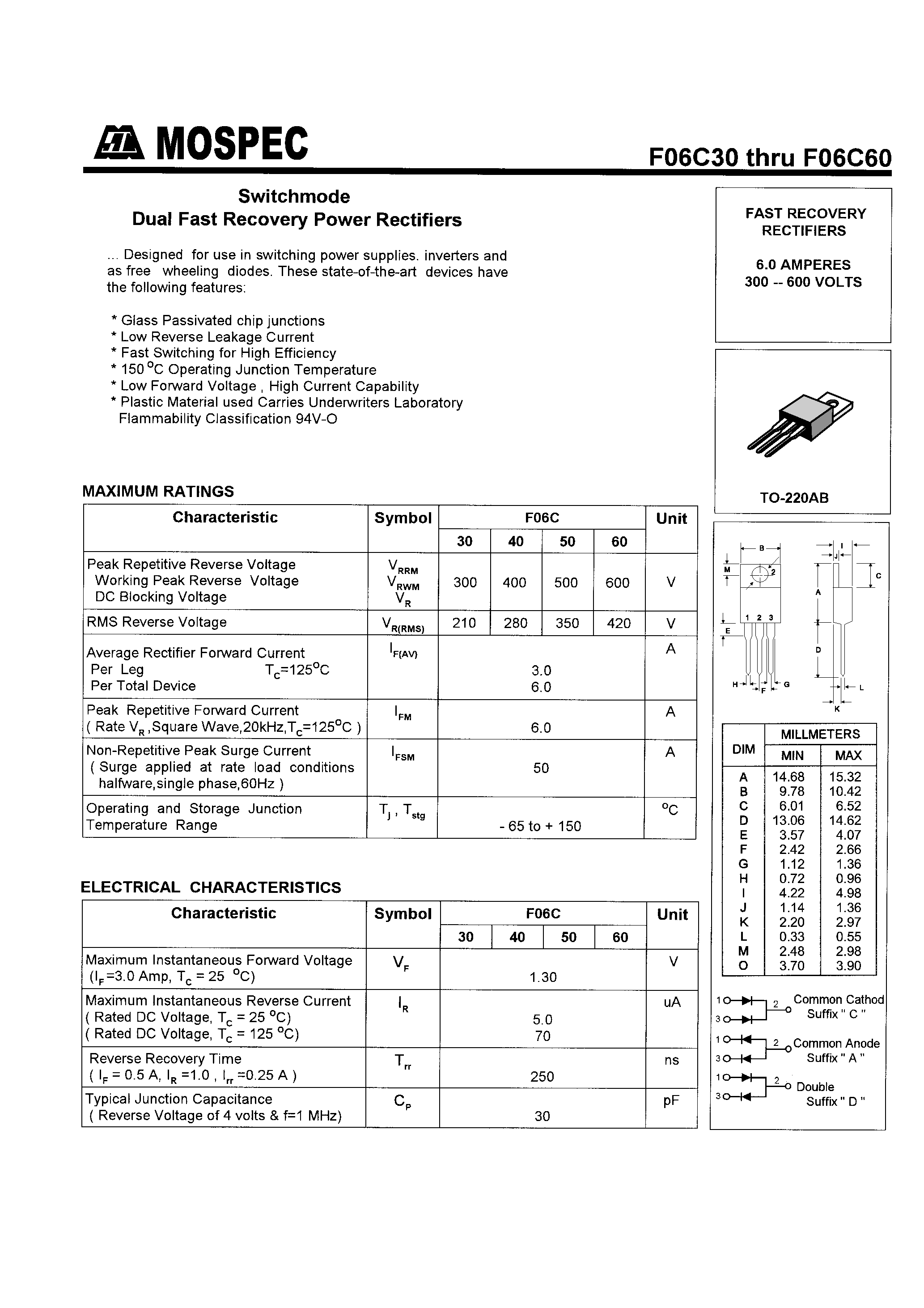 Datasheet F06C50 page 1 Datasheet F06C50 - FAST RECOVERY RECTIFIERS(6.0/300-600) page 1