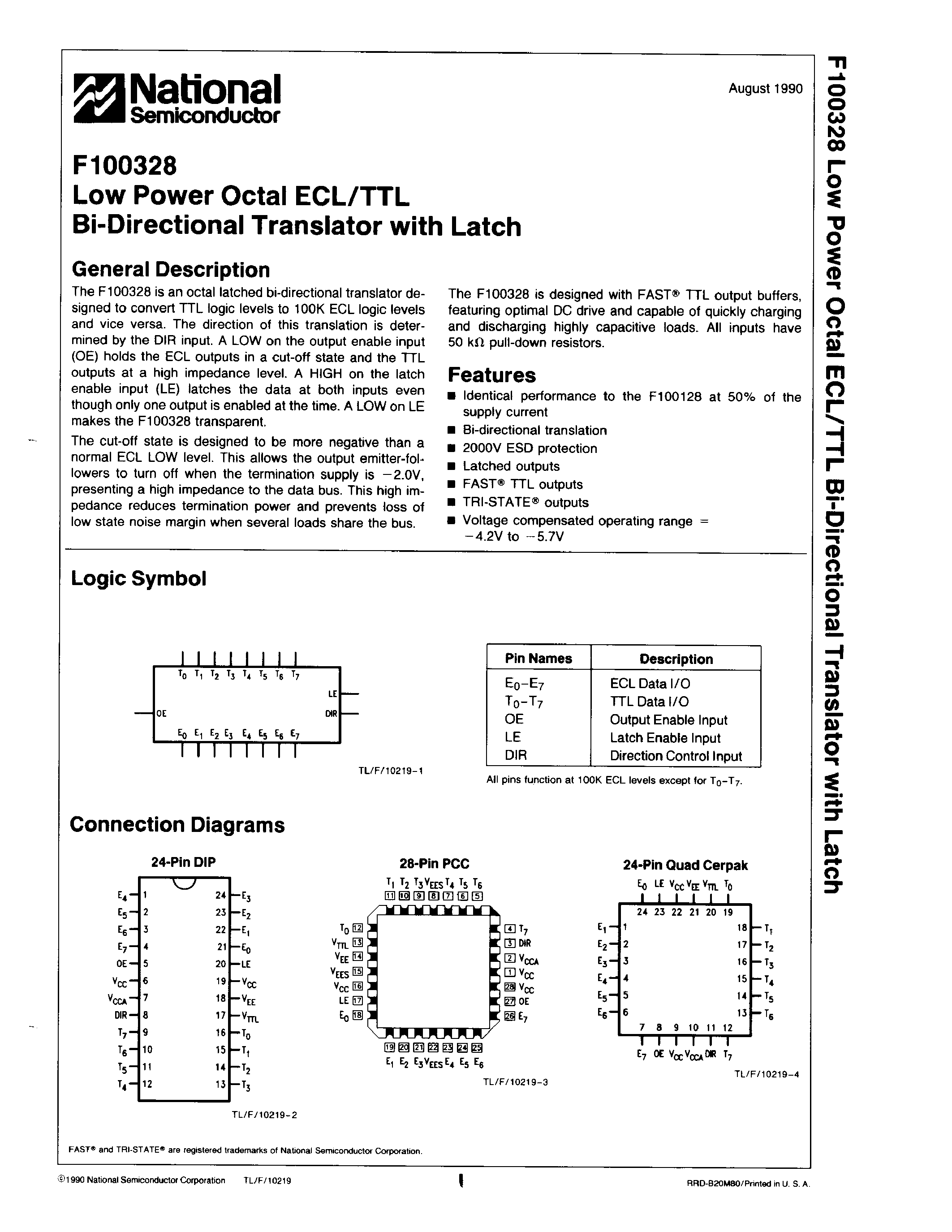 Datasheet F100328V - Low Power Octal ECL/TTL Bi-Directional Translator with Latch page 1