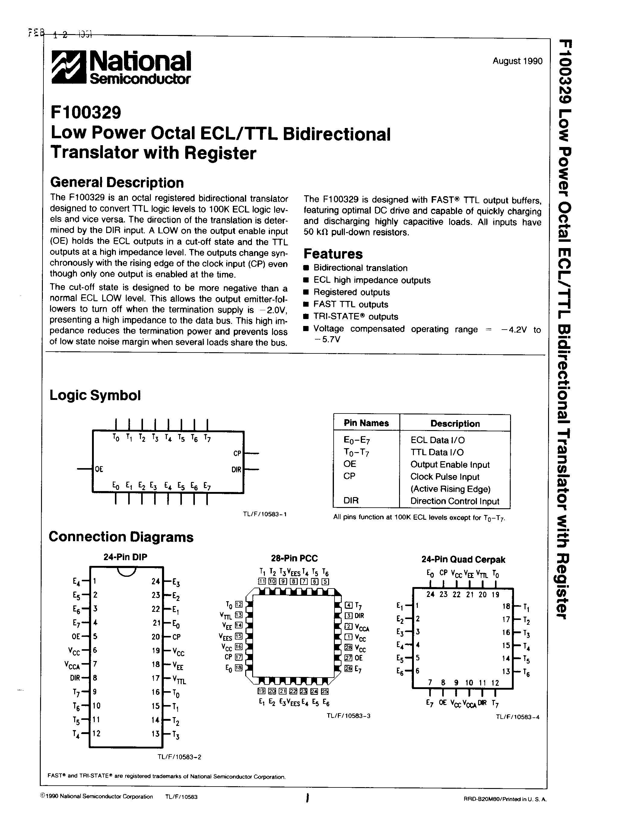 Datasheet F100329 - Low Power Octal ECL/TTL Bidirectional Translator with Register page 1