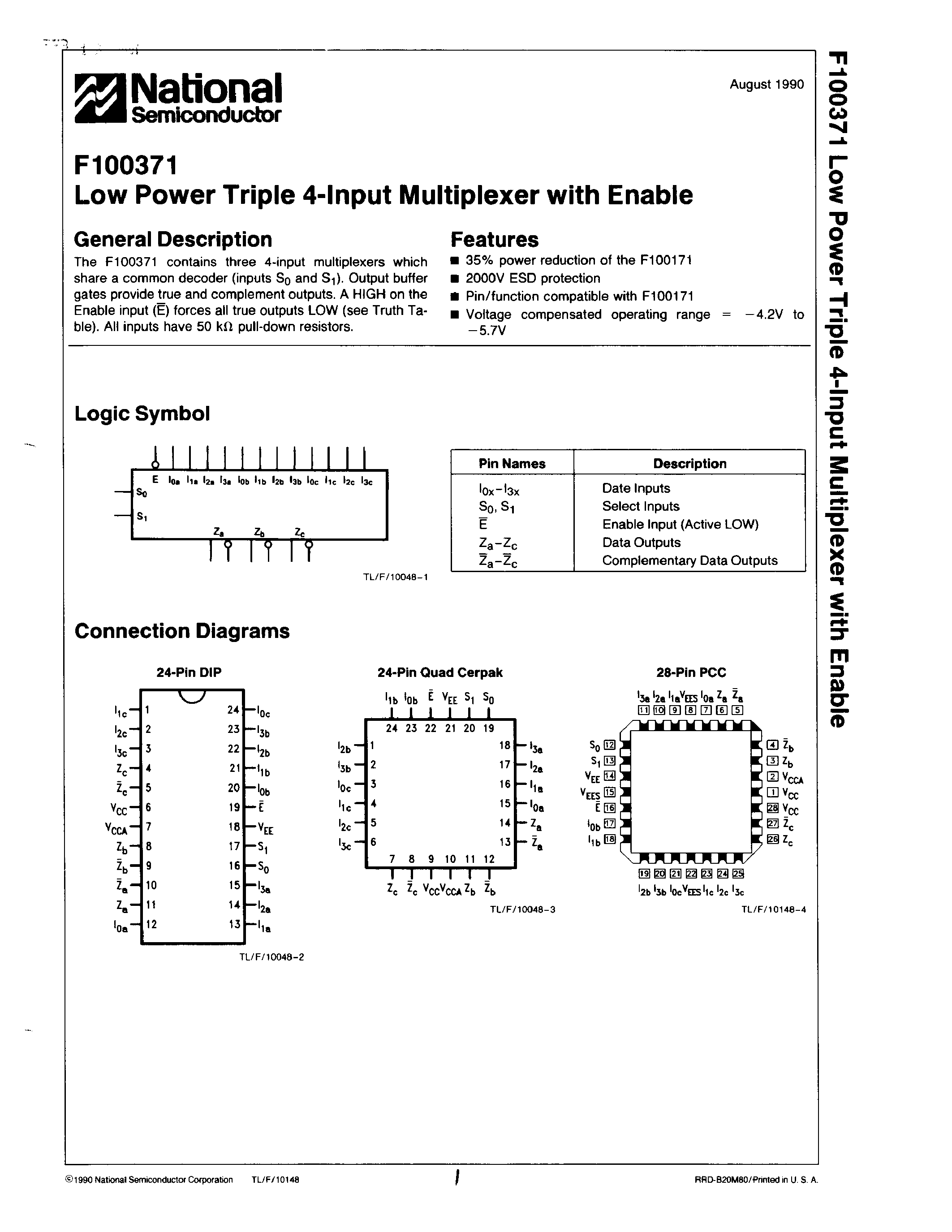 Даташит на микросхему F100371F страница 1 Даташит F100371F - Low Power Triple 4-Input Multiplexer with Enable страница 1