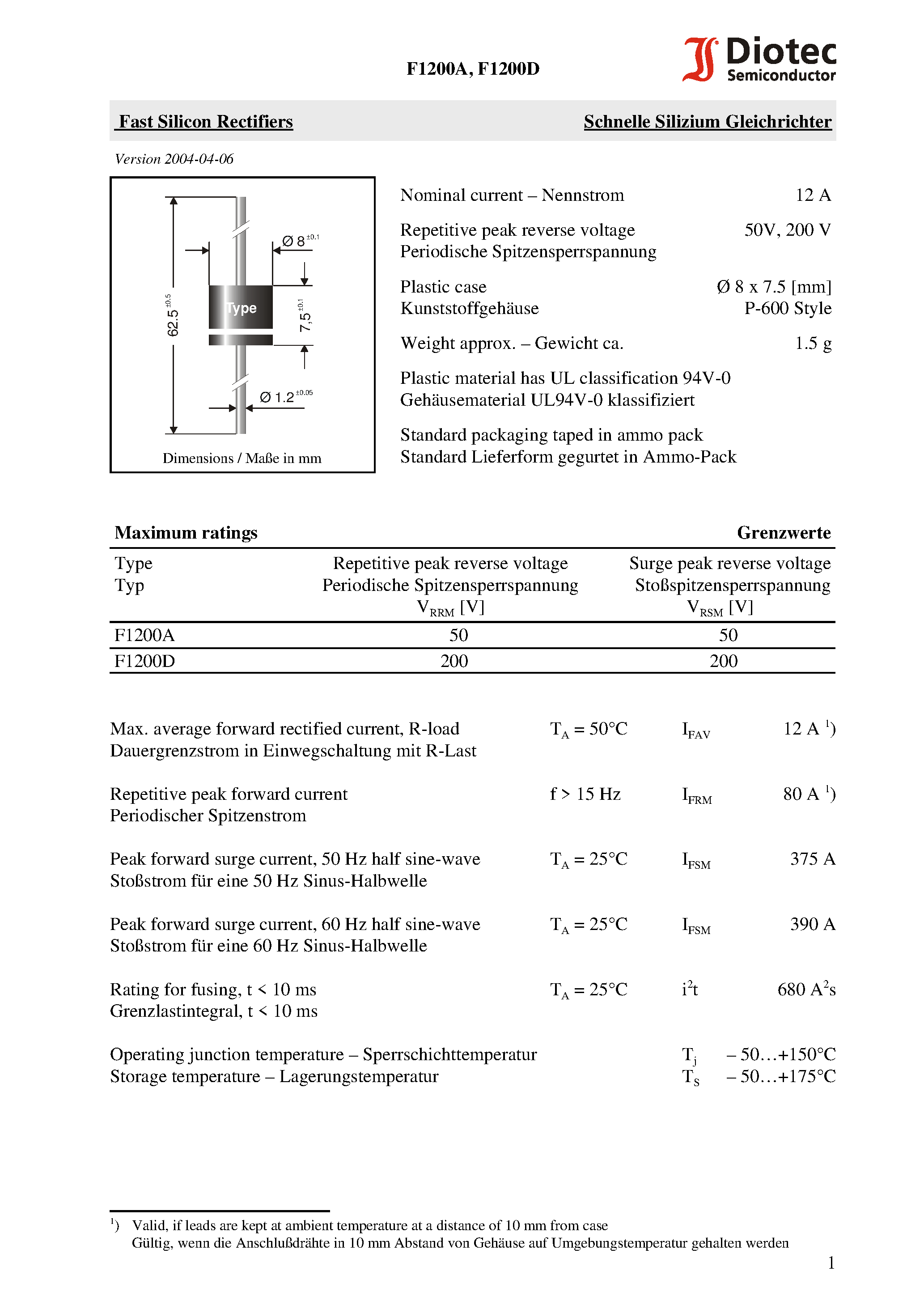 Datasheet F1200D - Fast Silicon Rectifiers page 1
