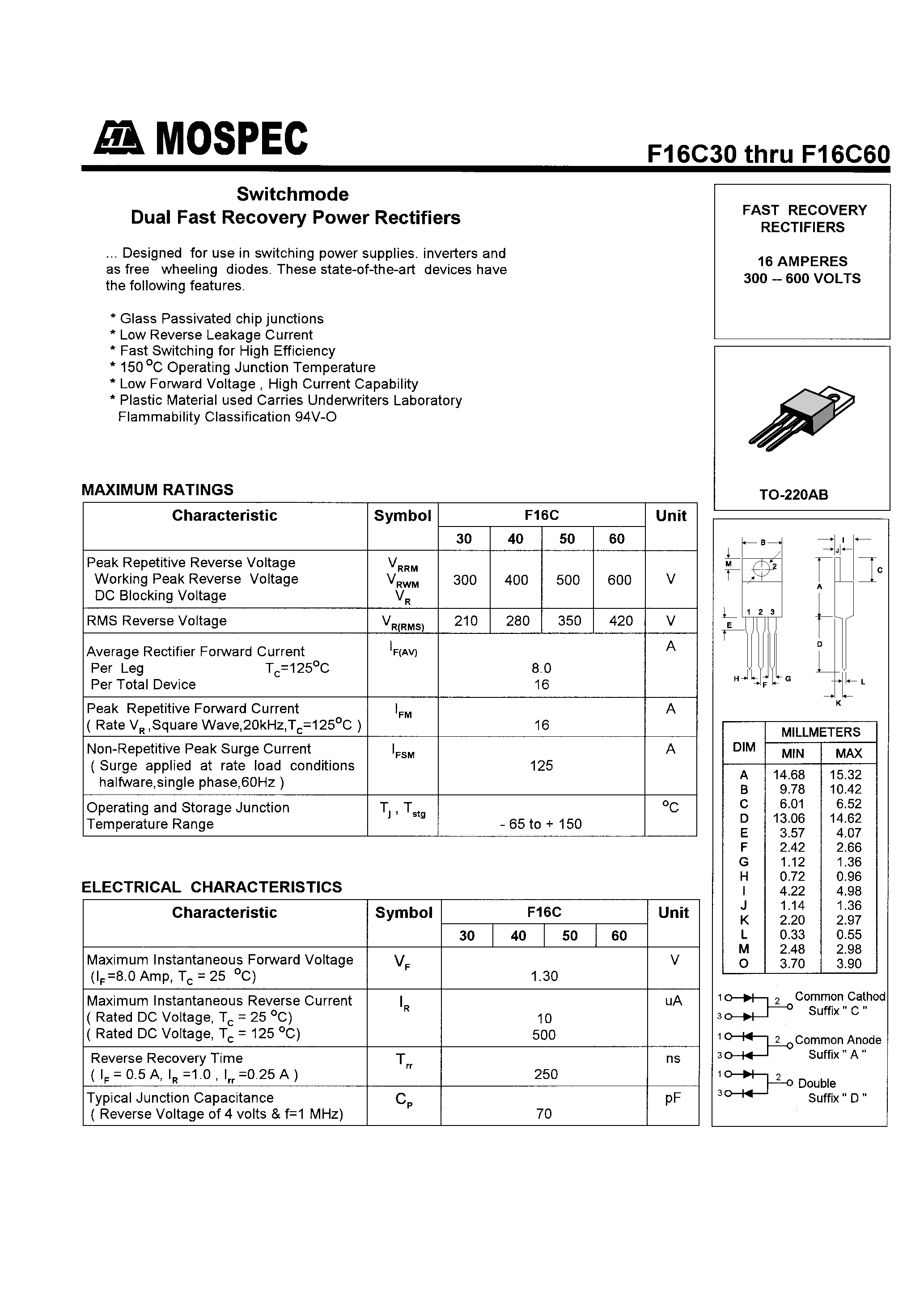 Datasheet F16C30 page 1 Datasheet F16C30 - POWER RECTIFIERS(16A/300-600V) page 1