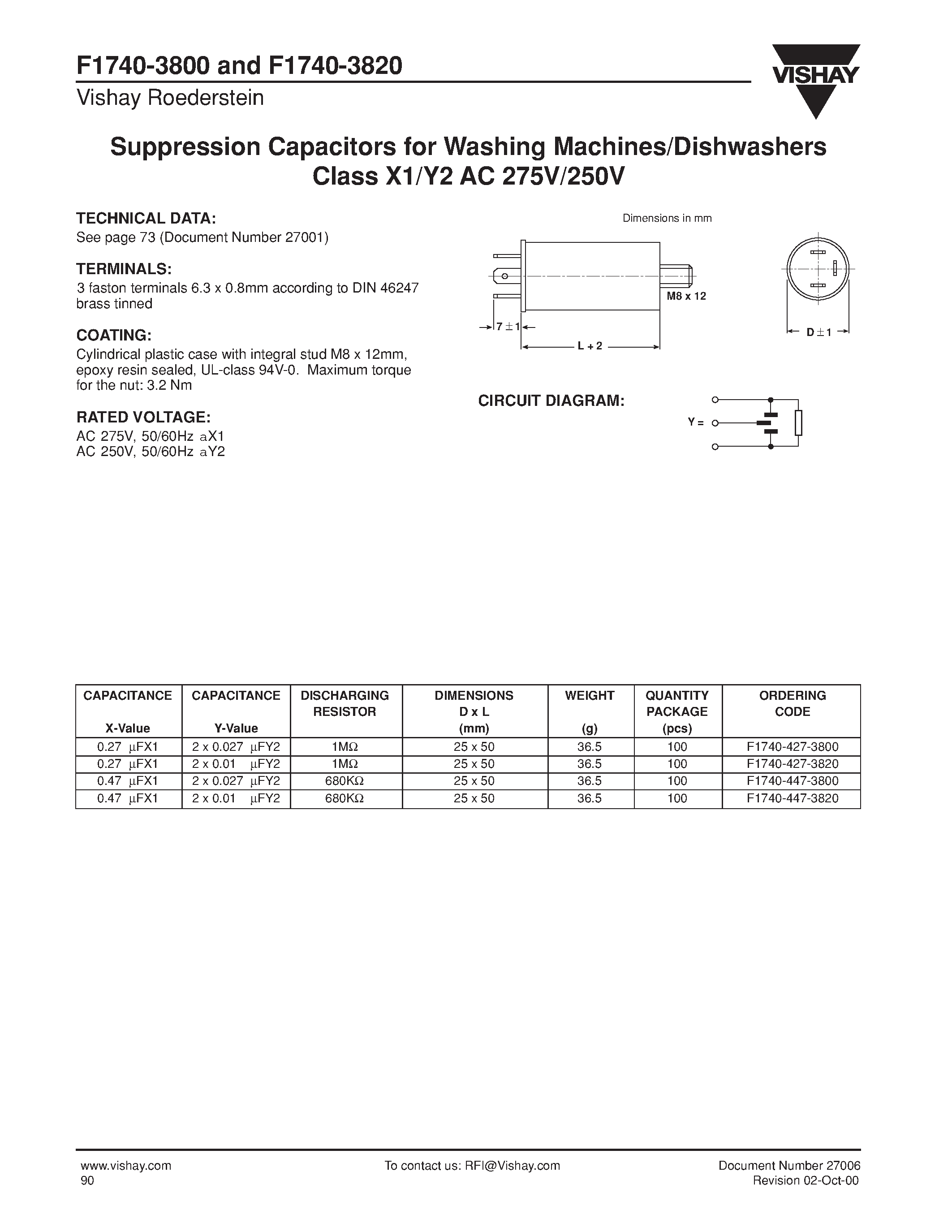 Datasheet F1740-427-3800 page 1 Datasheet F1740-427-3800 - Suppression Capacitors for Washing Machines/Dishwashers Class X1/Y2 AC 275V/250V page 1