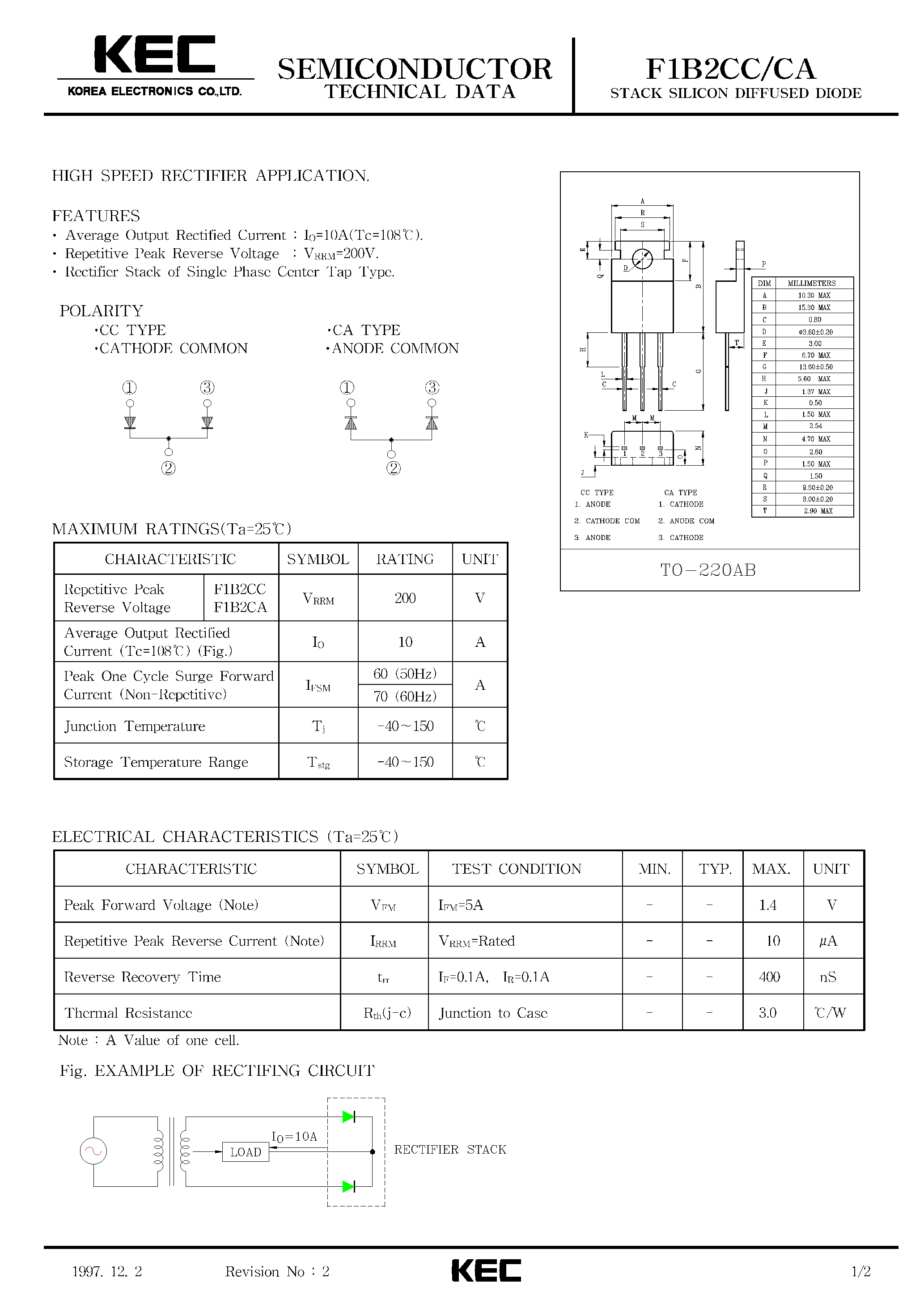 Datasheet F1B2CA - STACK SILICON DIFFUSED DIODE (HIGH SPEED RECTIFIER) page 1