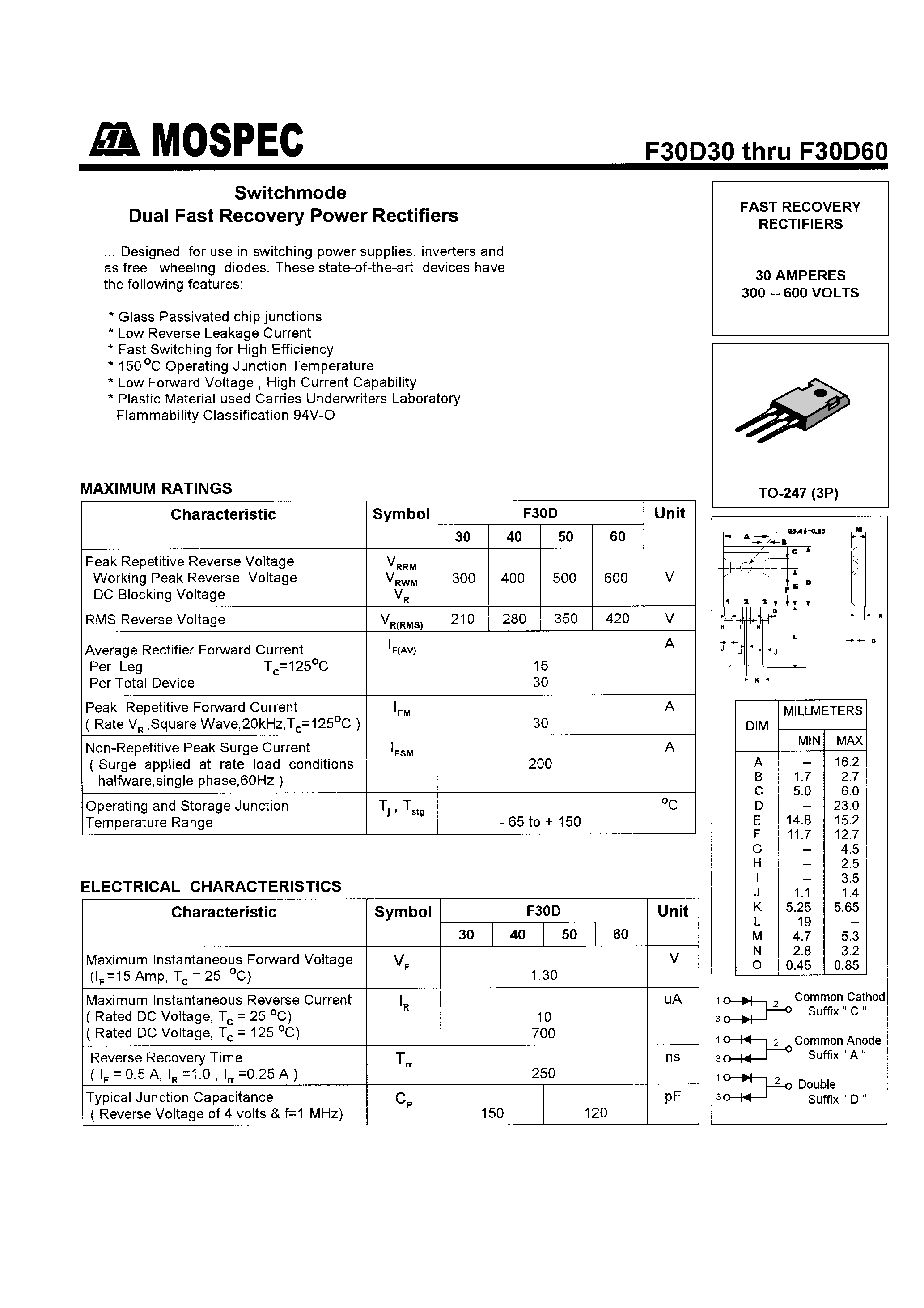 Datasheet F30D40 page 1 Datasheet F30D40 - POWER RECTIFIERS(30A/300-600V) page 1