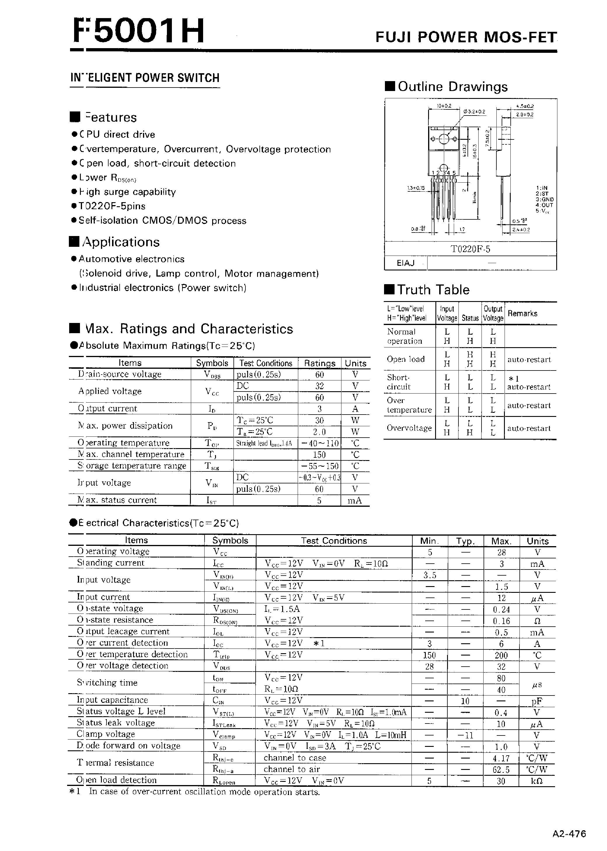 Даташит на микросхему F5001H страница 1 Даташит F5001H - INTELIGENT POWER SWITCH страница 1