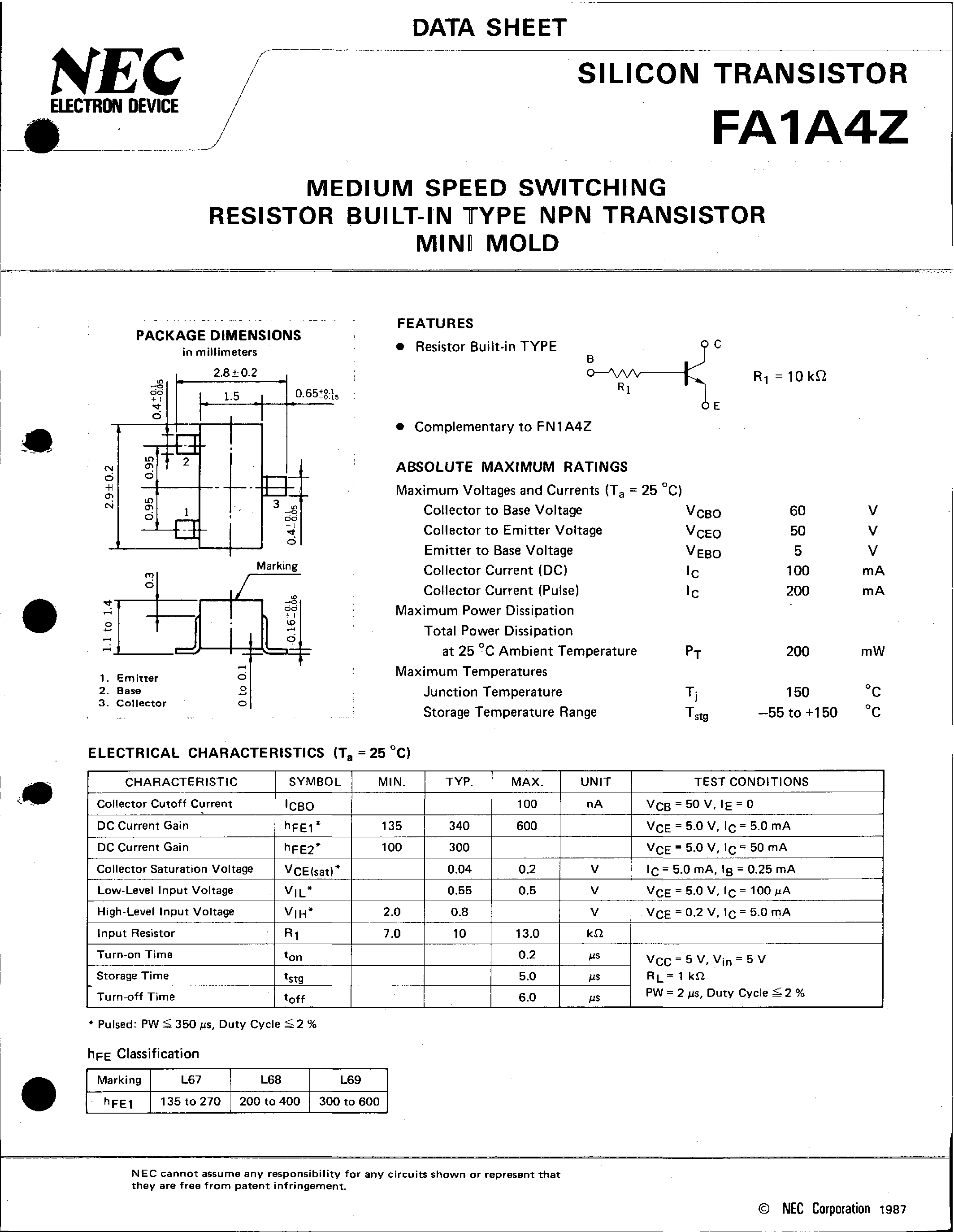Даташит на микросхему FA1A4Z страница 1 Даташит FA1A4Z - MEDIUM SPEED SWITCHING RESISTOR BUILT-IN TYPE NPN TRANSISTOR MINI MOLD страница 1