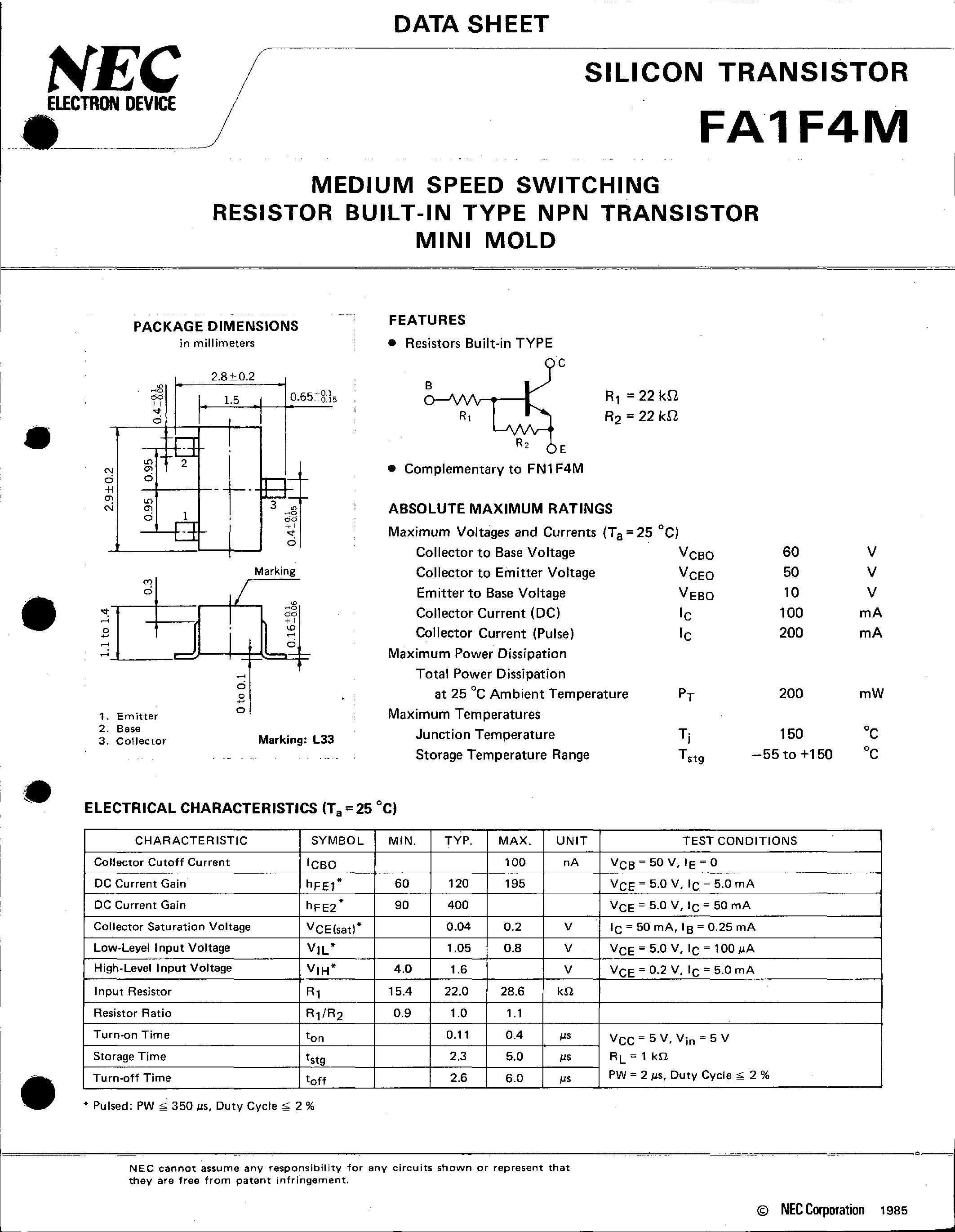 Даташит FA1F4M - MEDIUM SPEED SWITCHING RESISTOR BUILT-IN TYPE NPN TRANSISTOR MINI MOLD страница 1