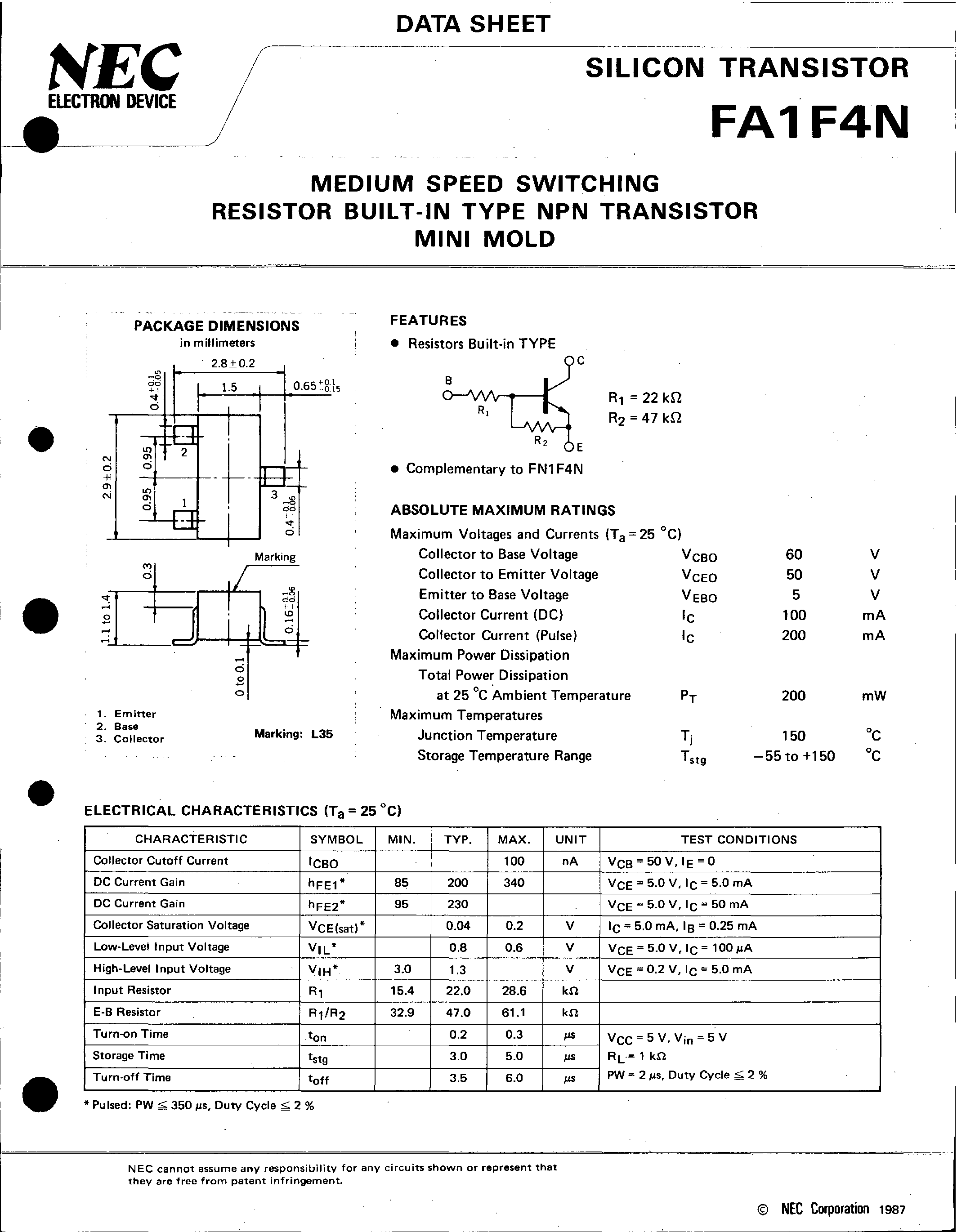 Даташит FA1F4N - MEDIUM SPEED SWITCHING RESISTOR BUILT-IN TYPE NPN TRANSISTOR MINI MOLD страница 1