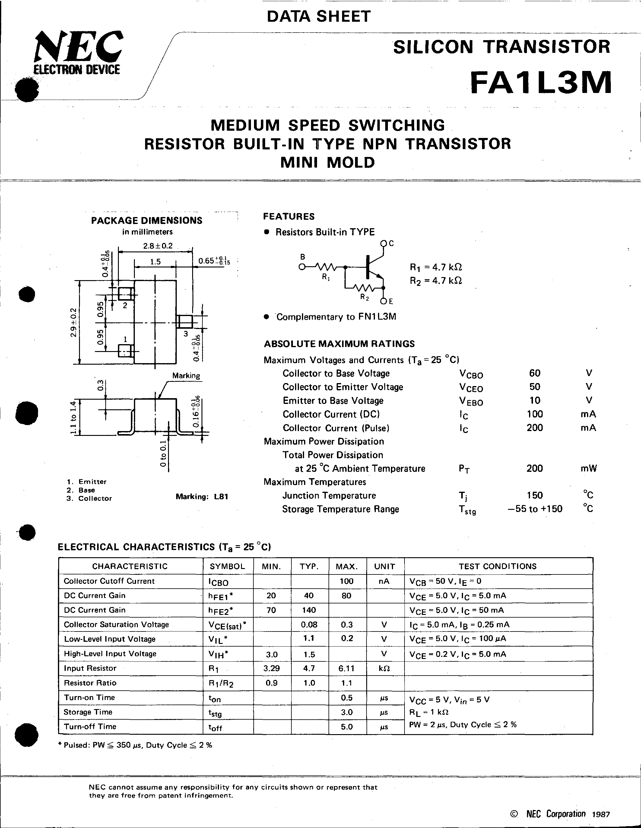 Даташит на микросхему FA1L3M страница 1 Даташит FA1L3M - MEDIUM SPEED SWITCHING RESISTOR BUILT-IN TYPE NPN TRANSISTOR MINI MOLD страница 1