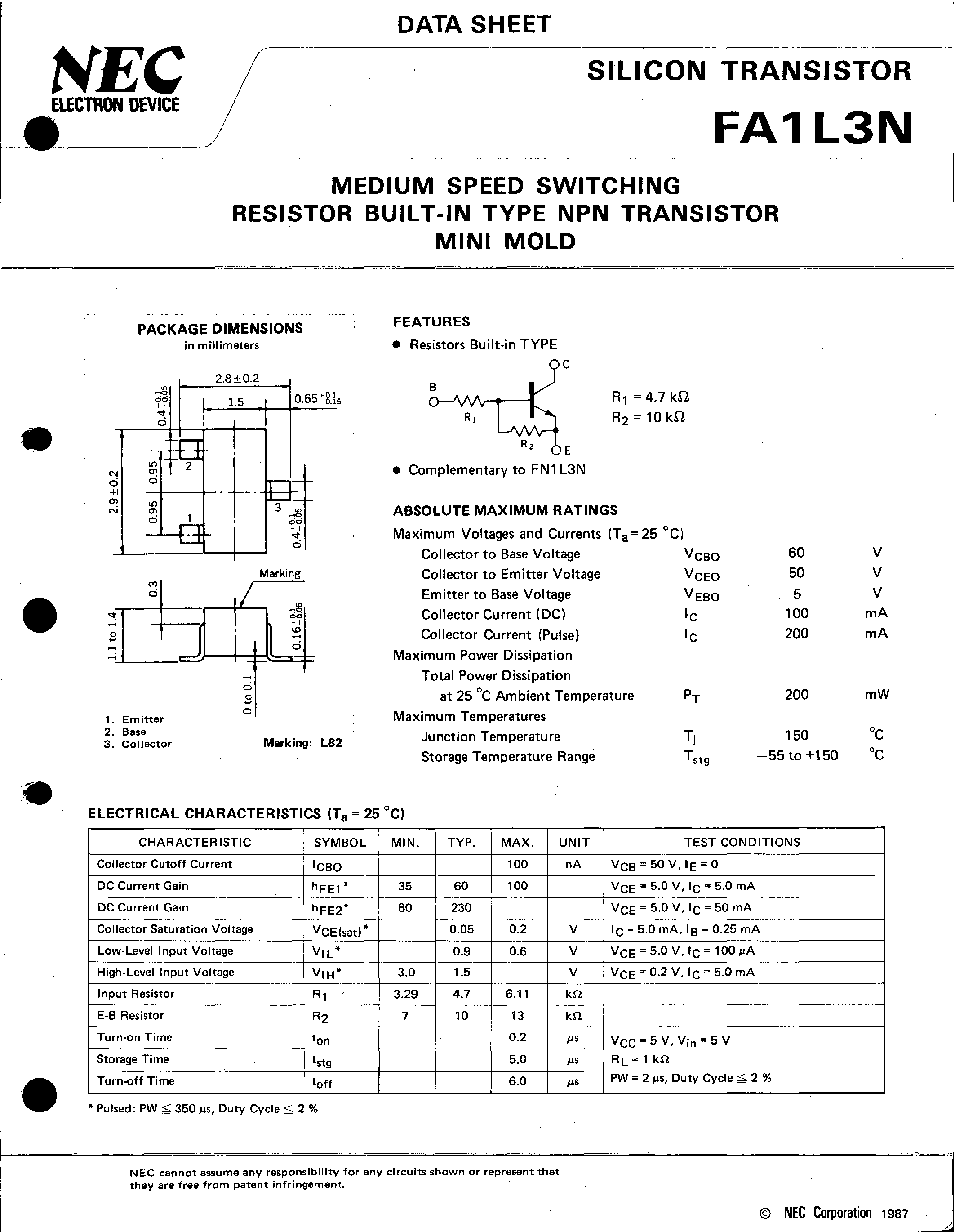 Даташит на микросхему FA1L3N страница 1 Даташит FA1L3N - MEDIUM SPEED SWITCHING RESISTOR BUILT-IN TYPE NPN TRANSISTOR MINI MOLD страница 1