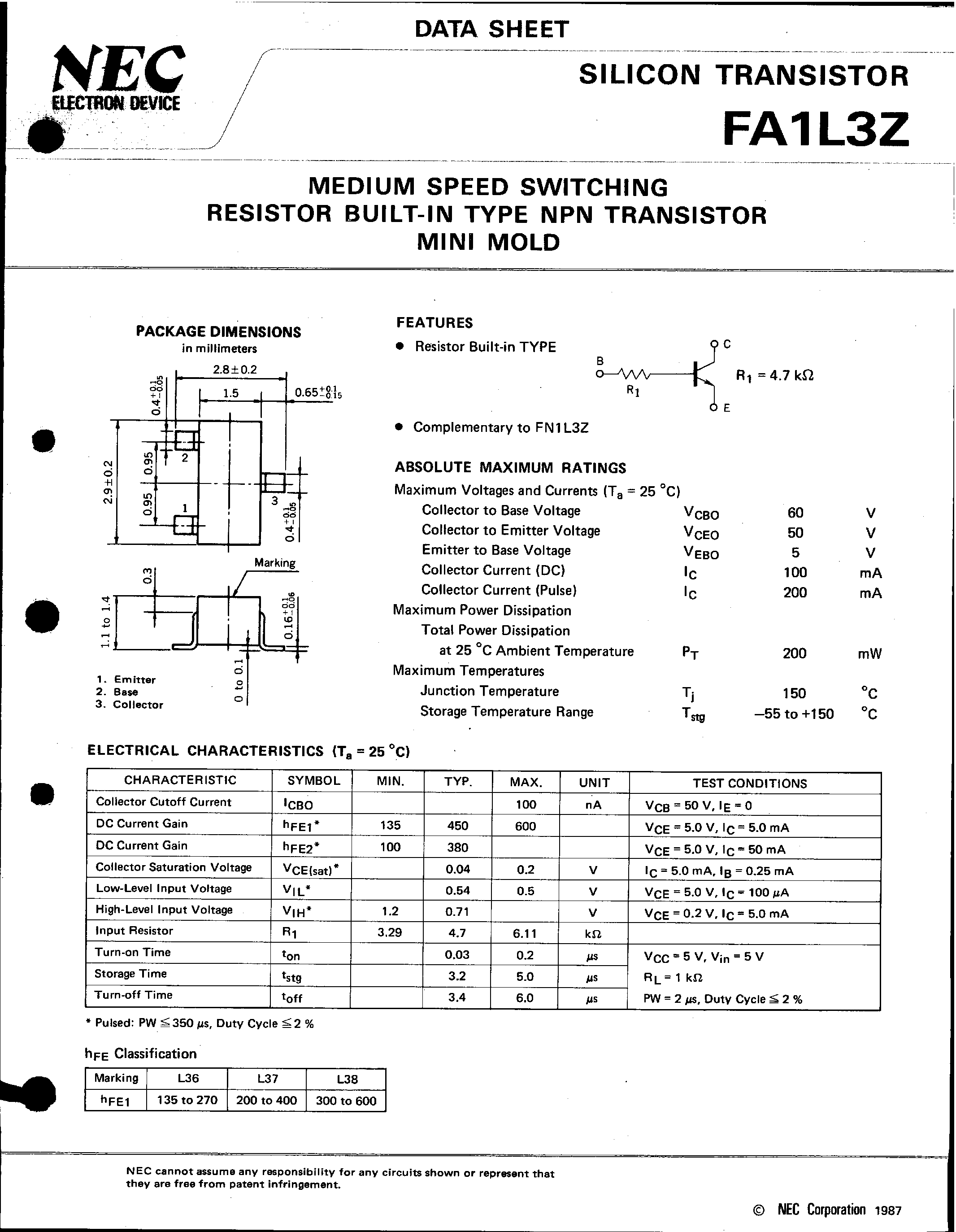 Даташит на микросхему FA1L3Z страница 1 Даташит FA1L3Z - MEDIUM SPEED SWITCHING RESISTOR BUILT-IN TYPE NPN TRANSISTOR MINI MOLD страница 1