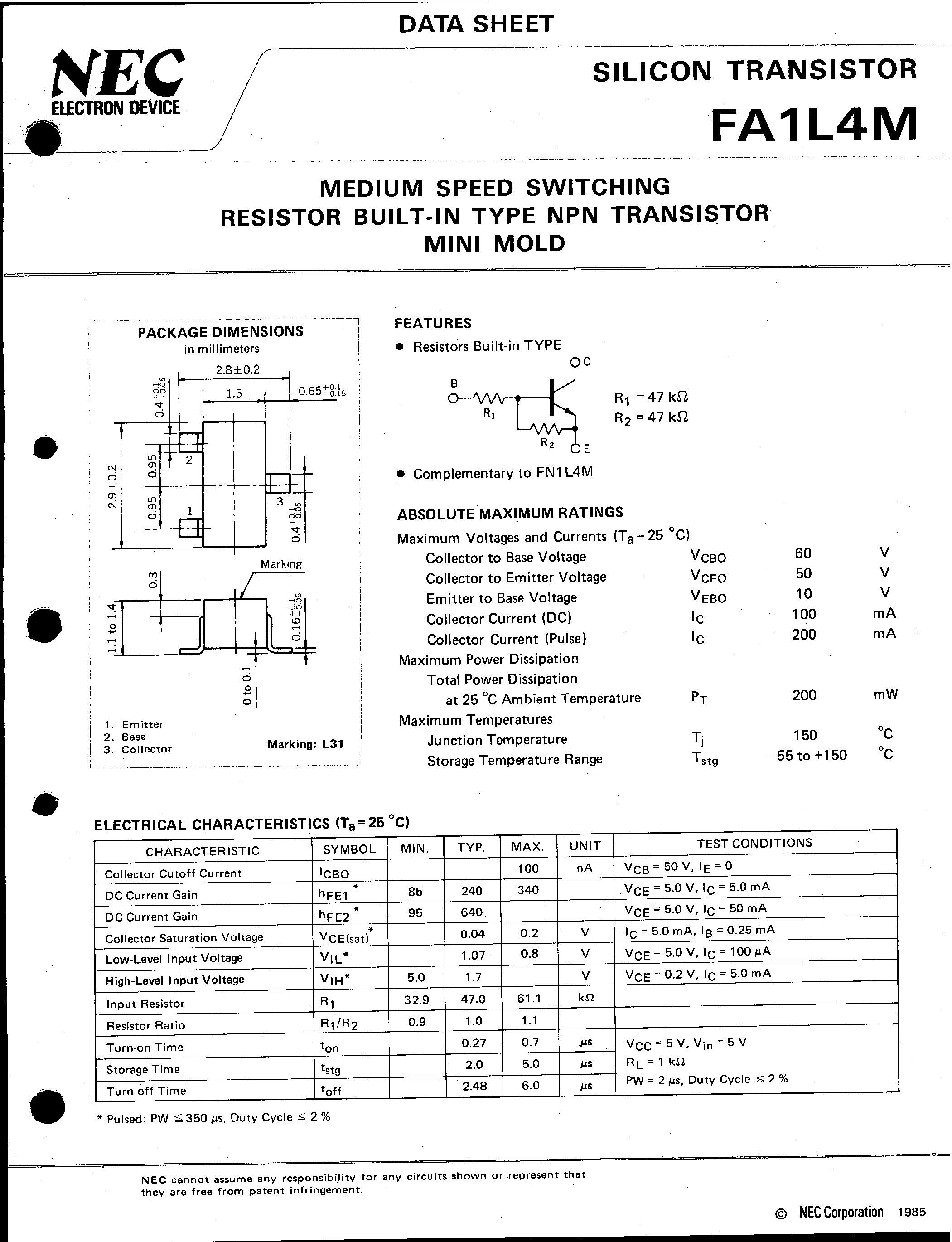 Даташит на микросхему FA1L4M страница 1 Даташит FA1L4M - MEDIUM SPEED SWITCHING RESISTOR BUILT-IN TYPE NPN TRANSISTOR MINI MOLD страница 1