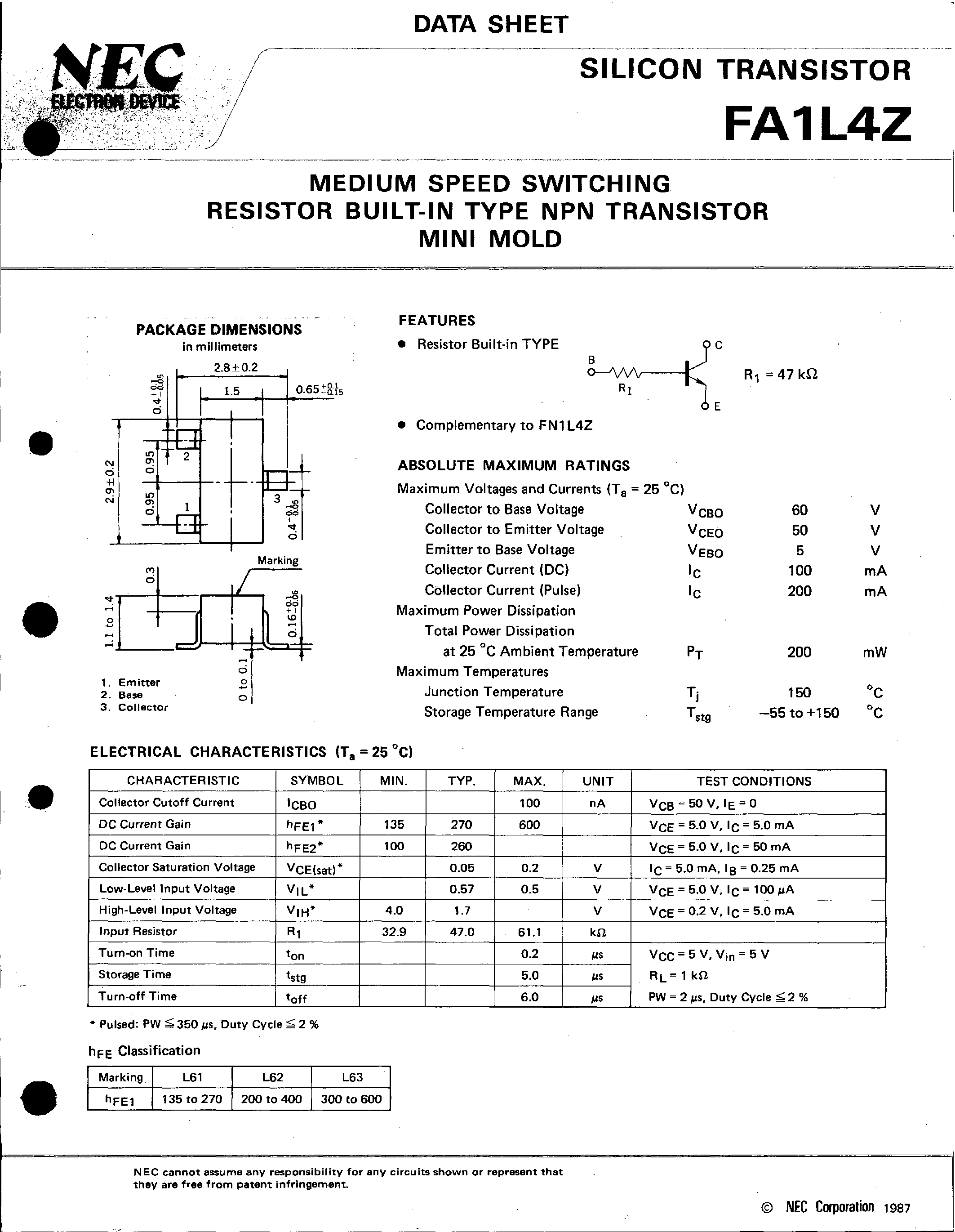 Даташит на микросхему FA1L4Z страница 1 Даташит FA1L4Z - MEDIUM SPEED SWITCHING RESISTOR BUILT-IN TYPE NPN TRANSISTOR MINI MOLD страница 1